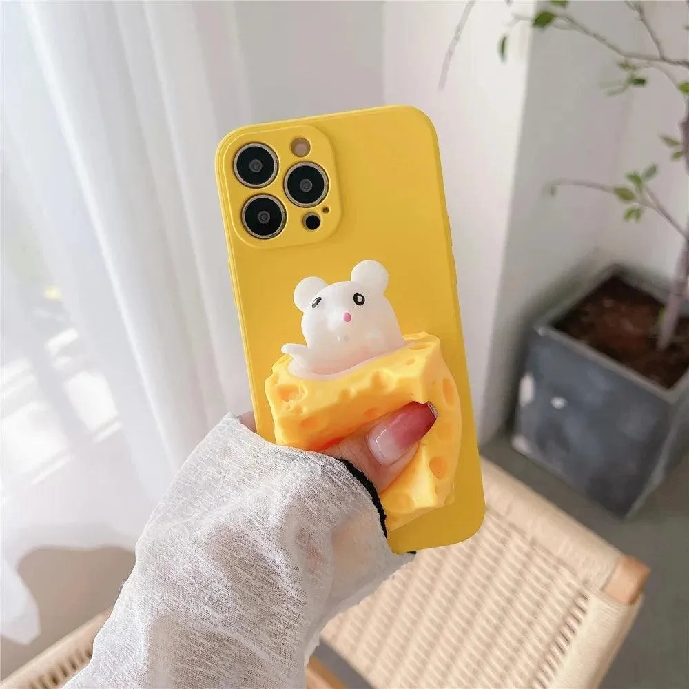 Cute Mouse Cheese Pinch Relieve Stress Soft Silicone Phone Case For iPhone