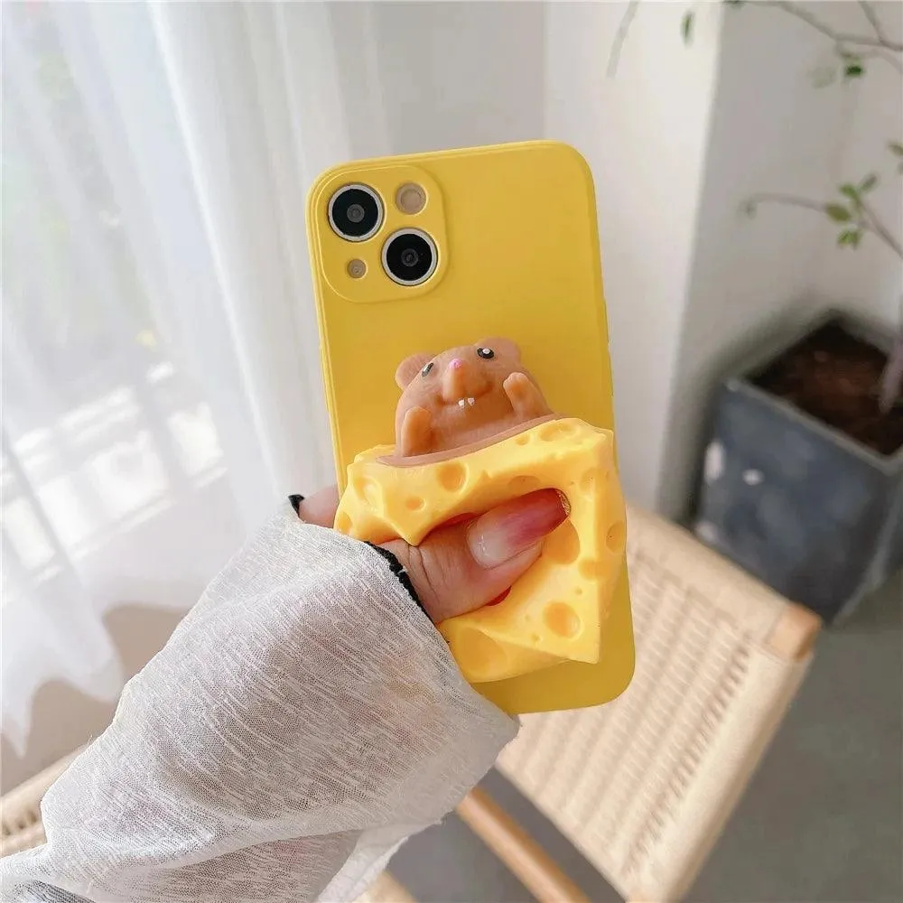 Cute Mouse Cheese Pinch Relieve Stress Soft Silicone Phone Case For iPhone