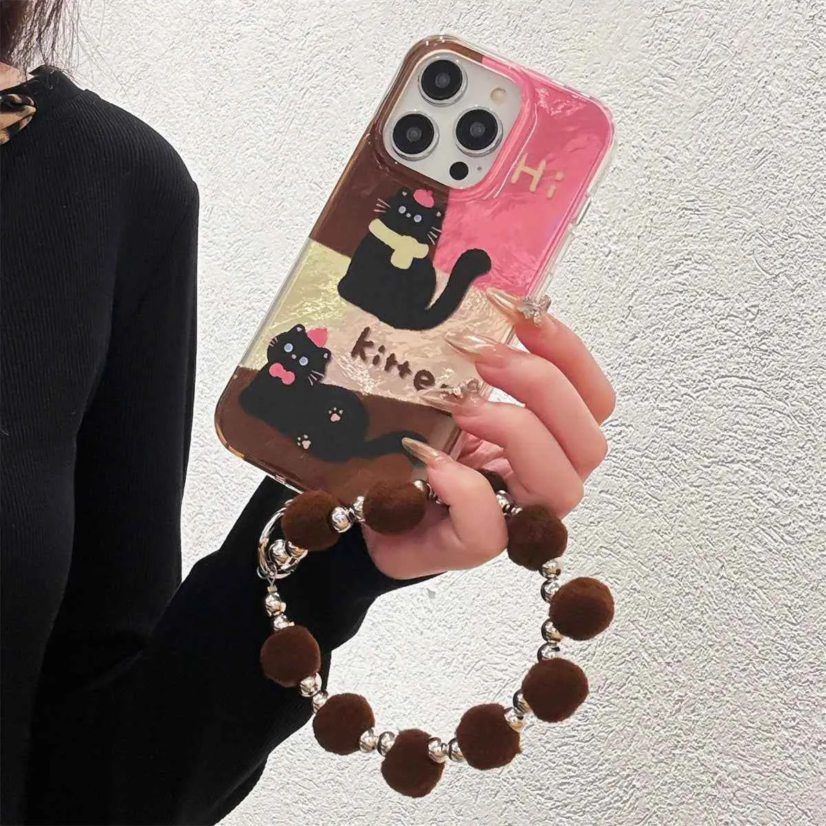 Cute Phone Case for iPhone 13, 14, 15, and 16 Pro Max - Cat Splicing Lattice Design with Hairball Wristband - TSP443