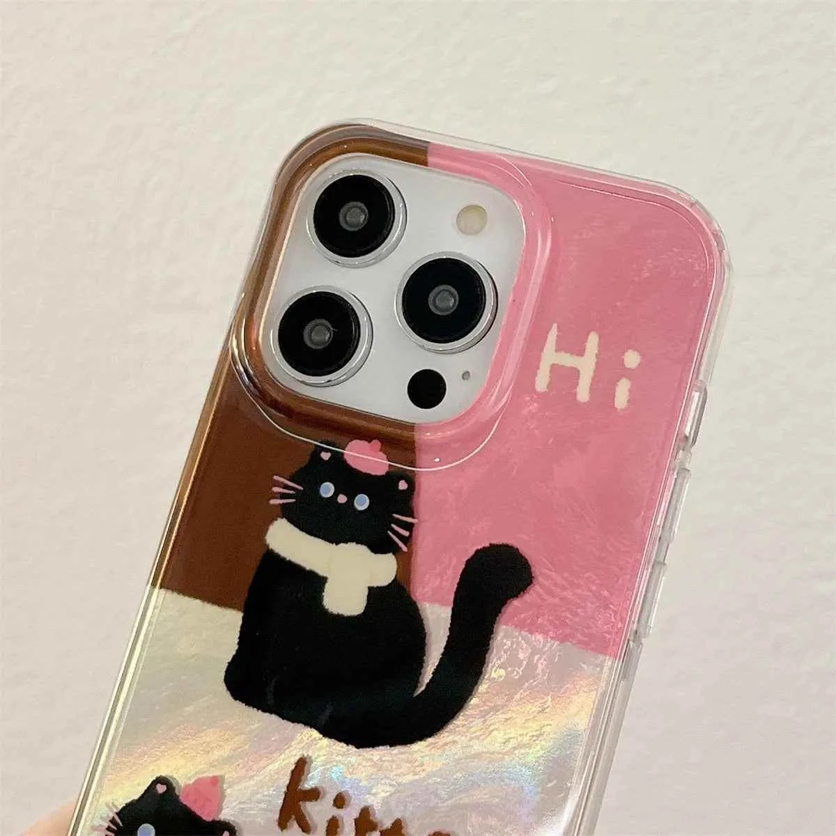 Cute Phone Case for iPhone 13, 14, 15, and 16 Pro Max - Cat Splicing Lattice Design with Hairball Wristband - TSP443