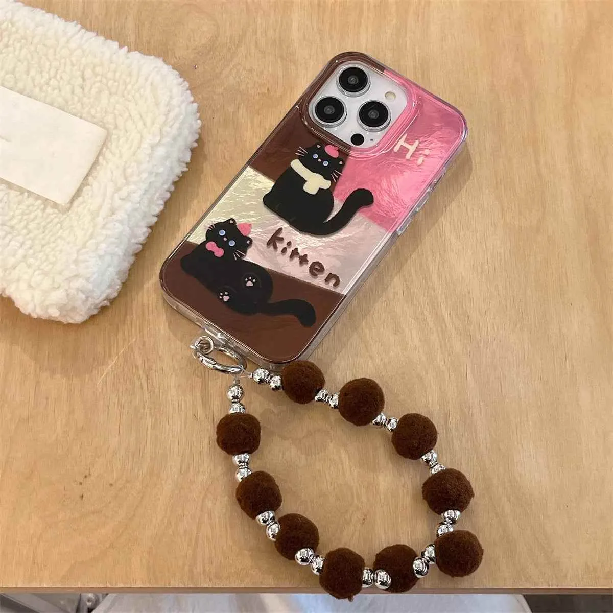 Cute Phone Case for iPhone 13, 14, 15, and 16 Pro Max - Cat Splicing Lattice Design with Hairball Wristband - TSP443