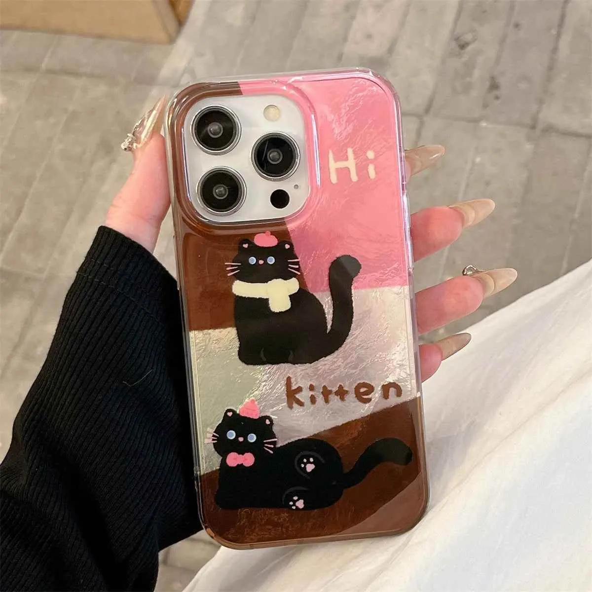 Cute Phone Case for iPhone 13, 14, 15, and 16 Pro Max - Cat Splicing Lattice Design with Hairball Wristband - TSP443