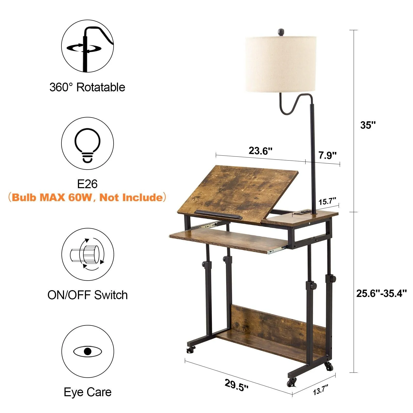 Desk with Floor Lamp, Wheels, Keyboard Tray