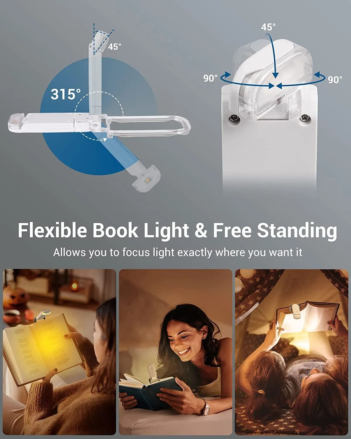 DEWENWILS USB Rechargeable Book Reading Light, Warm White, Brightness Adjustable for Eye-Protection, LED Clip on Book Lights, Portable Bookmark Light for Reading in Bed, Car (White)