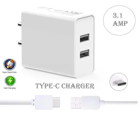 Dual port charger Type C android mobile fast charger Adapter Wall Charger High Speed Charger with 1 M Type C Charging Data Cable (3.1 Amp, White)