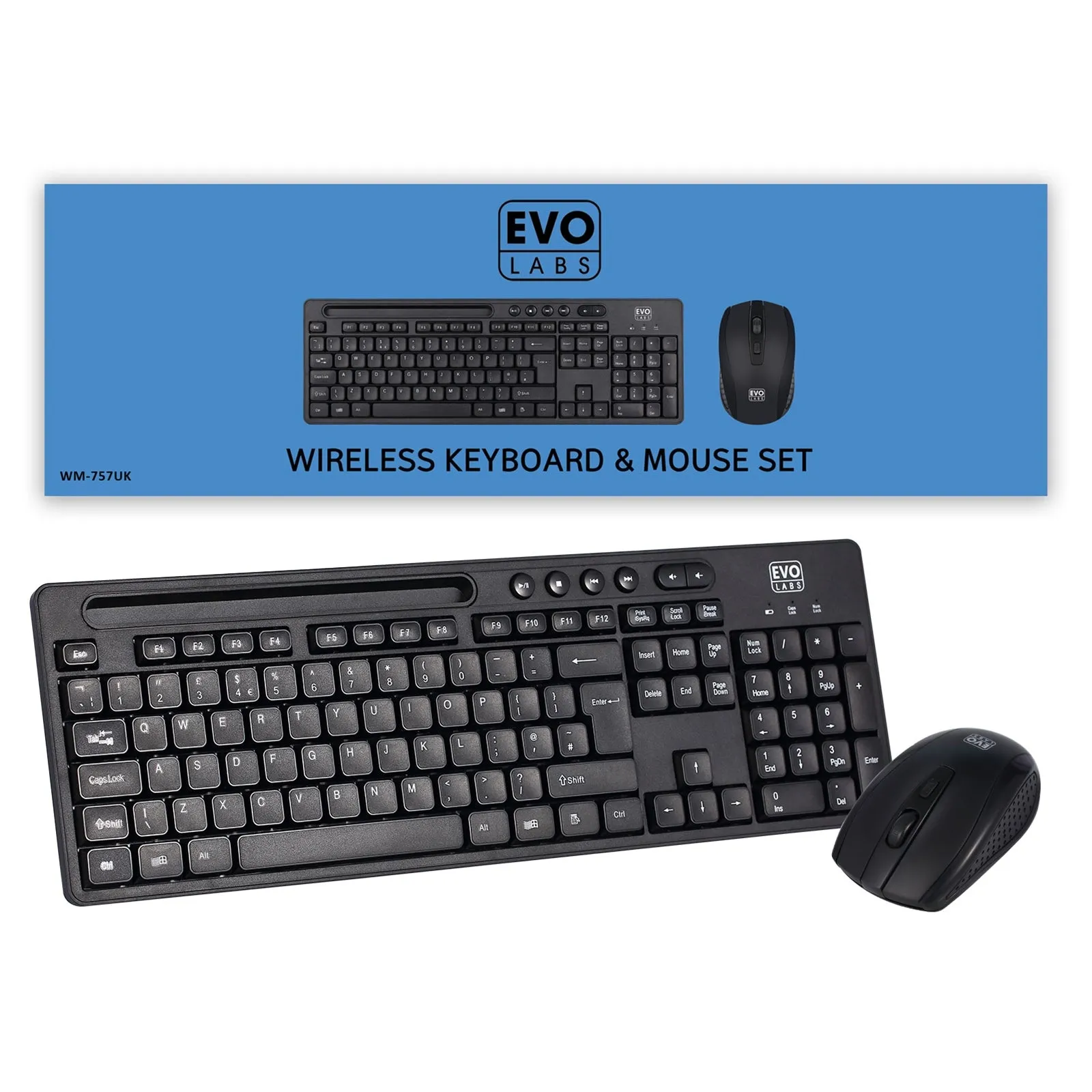 Evo Labs Wireless Keyboard and Mouse Set, Integrated Tablet/ Mobile/ Smartphone Stand, 2.4GHz, Black