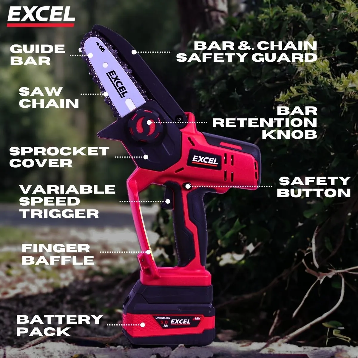 Excel 18V Cordless Mini Chain Saw with 1 x 4.0Ah Battery Charger & Bag