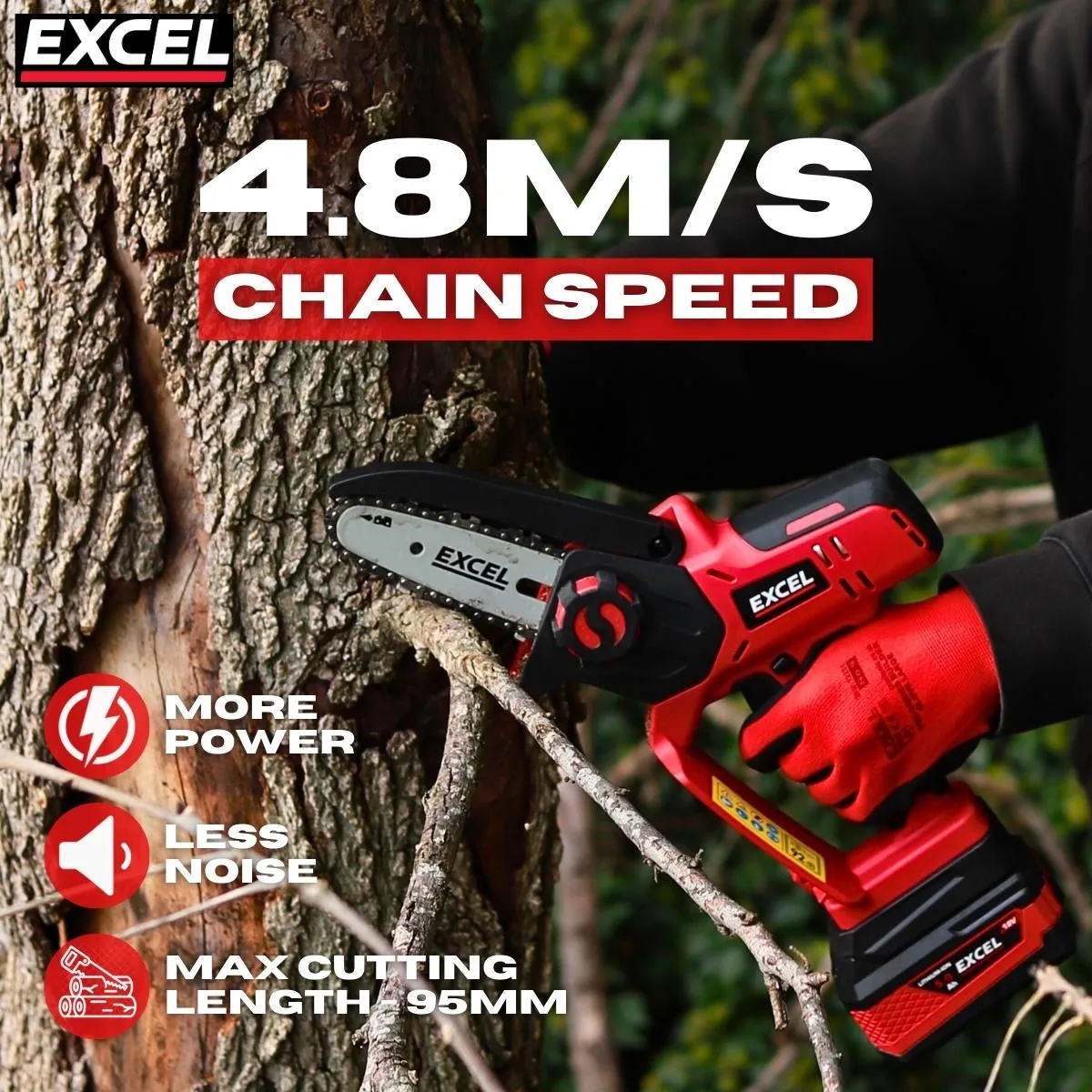 Excel 18V Cordless Mini Chain Saw with 1 x 4.0Ah Battery Charger & Bag