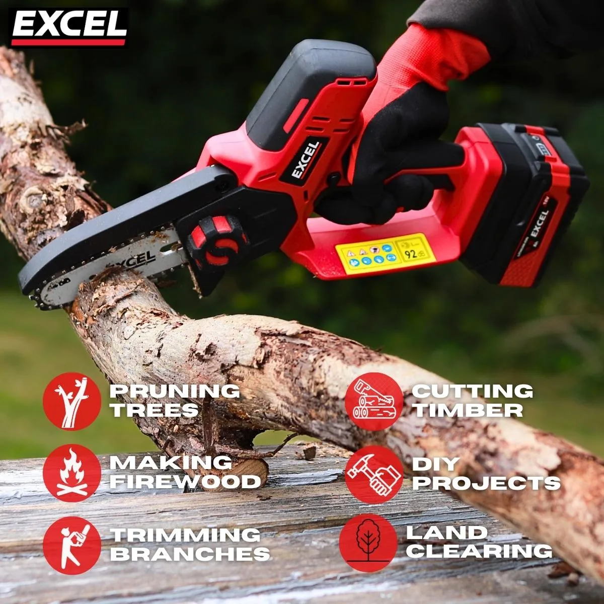 Excel 18V Cordless Mini Chain Saw with 1 x 4.0Ah Battery Charger & Bag