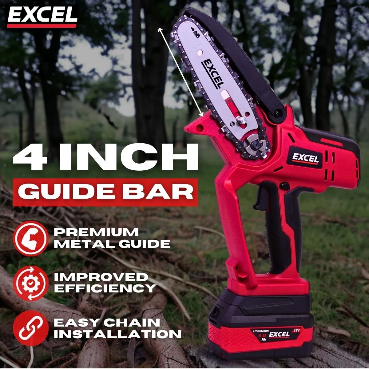 Excel 18V Cordless Mini Chain Saw with 1 x 4.0Ah Battery Charger & Bag