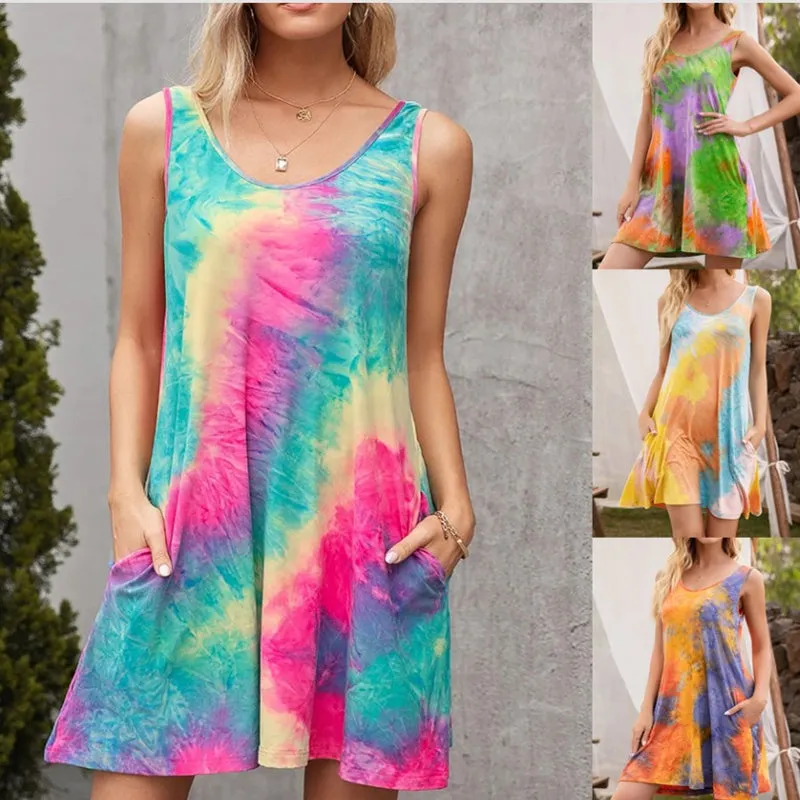 Fashion Summer Sexy Suspender Tie-Dye Print Dresses For Women