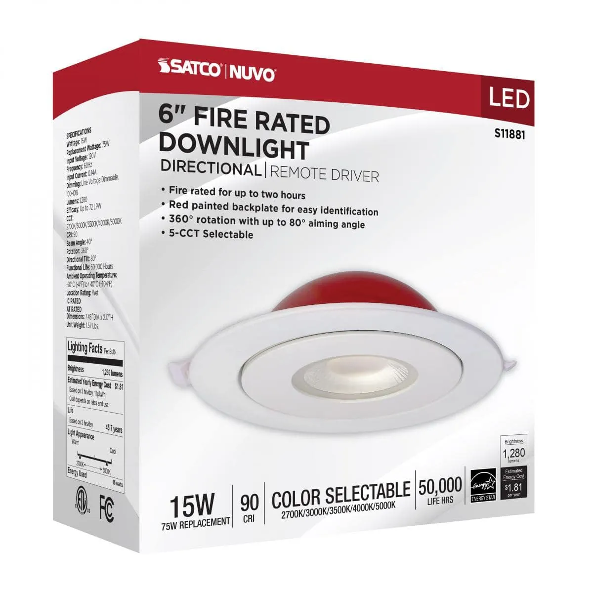 Fire Rated; 6 Inch Direct Wire Directional Downlight; Round Shape; White Finish; CCT Selectable