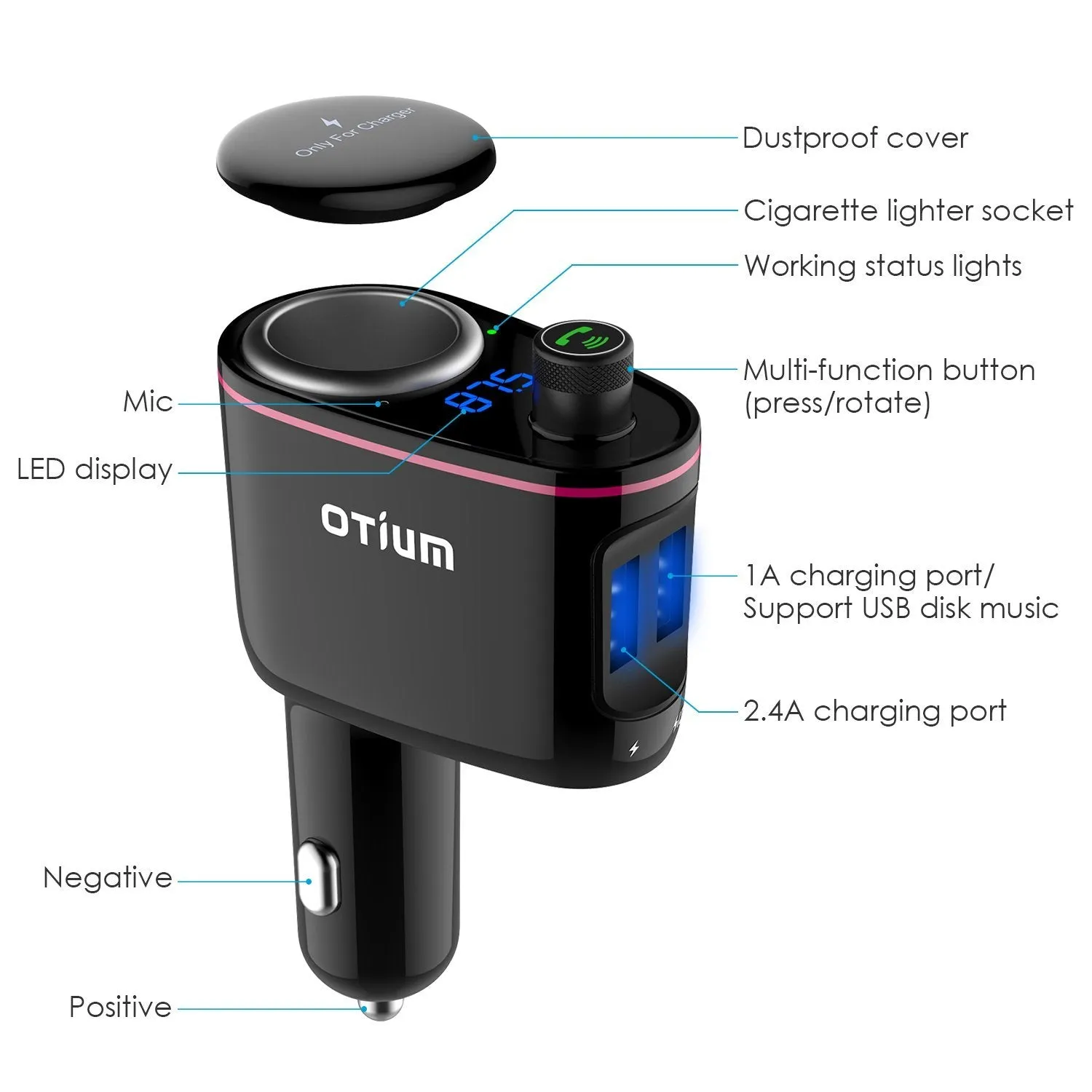 FM Transmitter/Cigarette Lighter Socket/ USB Car Charger Three-in-One, Otium S06 Bluetooth Car Adapter Wireless Audio Radio Receiver Music Tuner Modulator Car Kit with Mic, Hands Free Talking