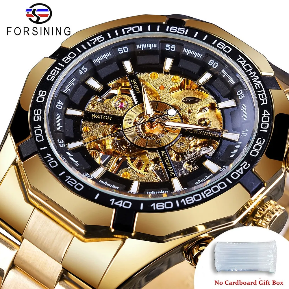 Forsining 2021 Stainless Steel Waterproof Mens Skeleton Watches Top Brand Luxury Transparent Mechanical Sport Male Wrist Watches