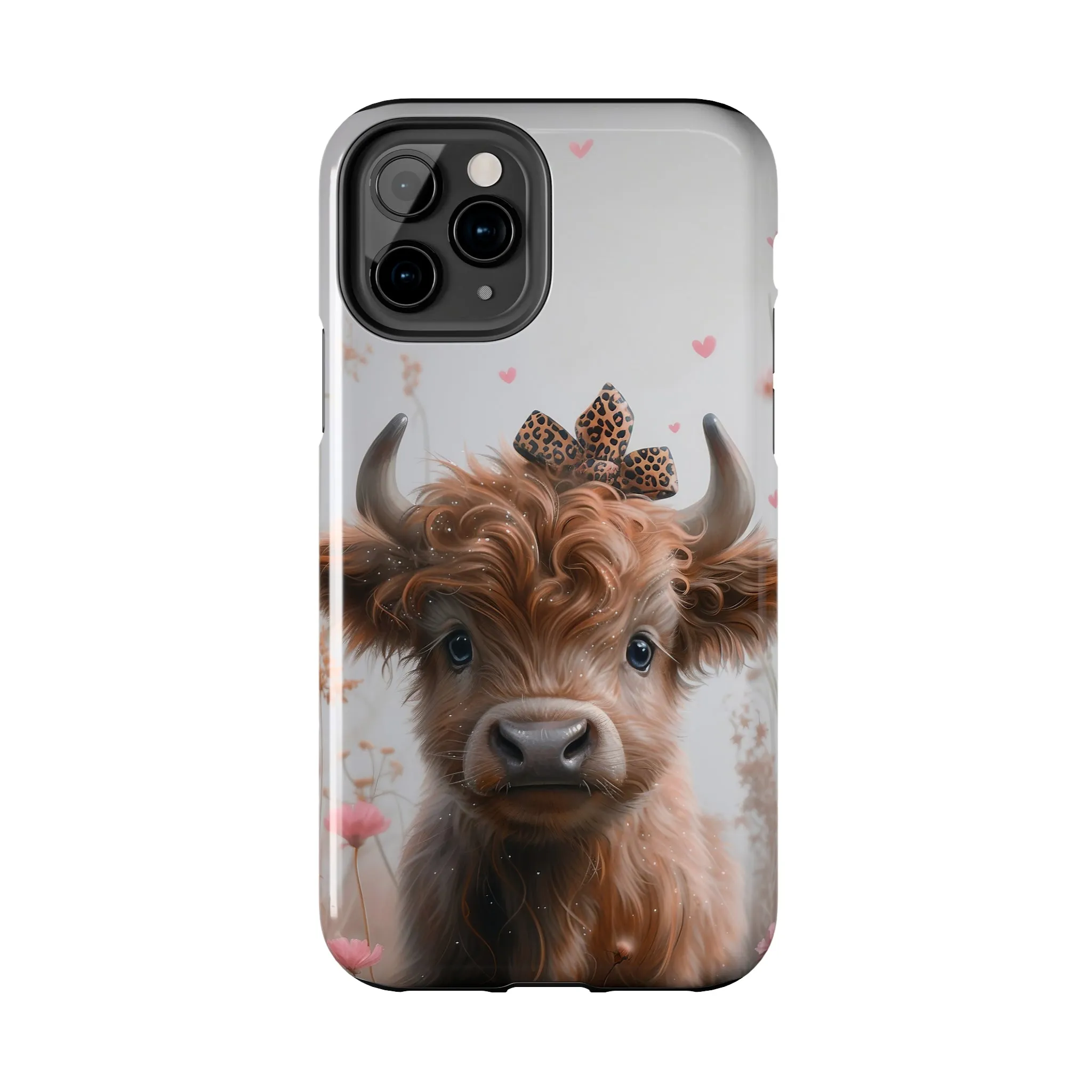 Highland Cow Leopard Print Bow and Spring Flowers Design Phone Case- Lightweight, Impact Resistant Cover for iPhone 6, 6s, 12, 13, 14, 15