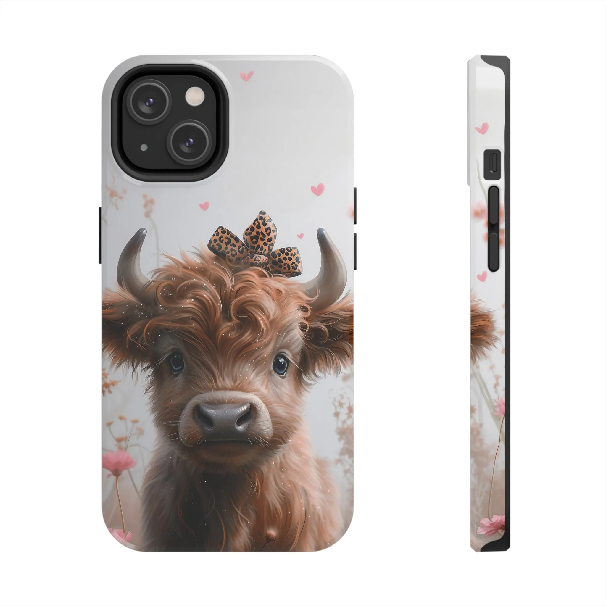 Highland Cow Leopard Print Bow and Spring Flowers Design Phone Case- Lightweight, Impact Resistant Cover for iPhone 6, 6s, 12, 13, 14, 15