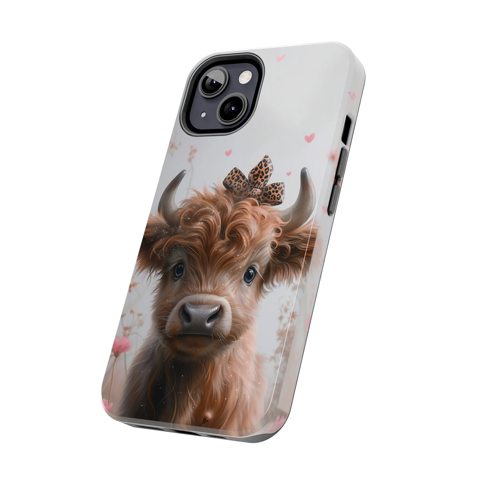 Highland Cow Leopard Print Bow and Spring Flowers Design Phone Case- Lightweight, Impact Resistant Cover for iPhone 6, 6s, 12, 13, 14, 15