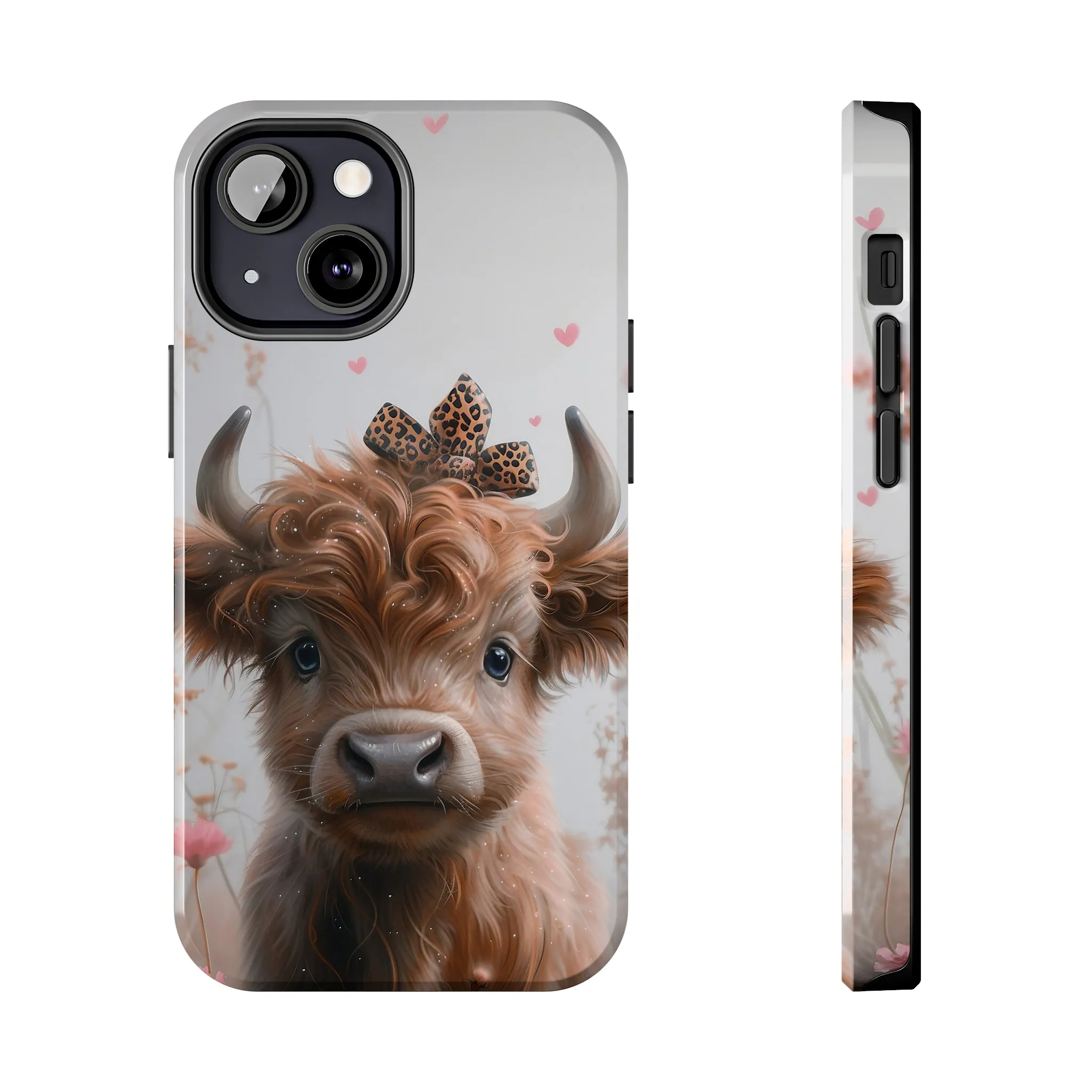 Highland Cow Leopard Print Bow and Spring Flowers Design Phone Case- Lightweight, Impact Resistant Cover for iPhone 6, 6s, 12, 13, 14, 15