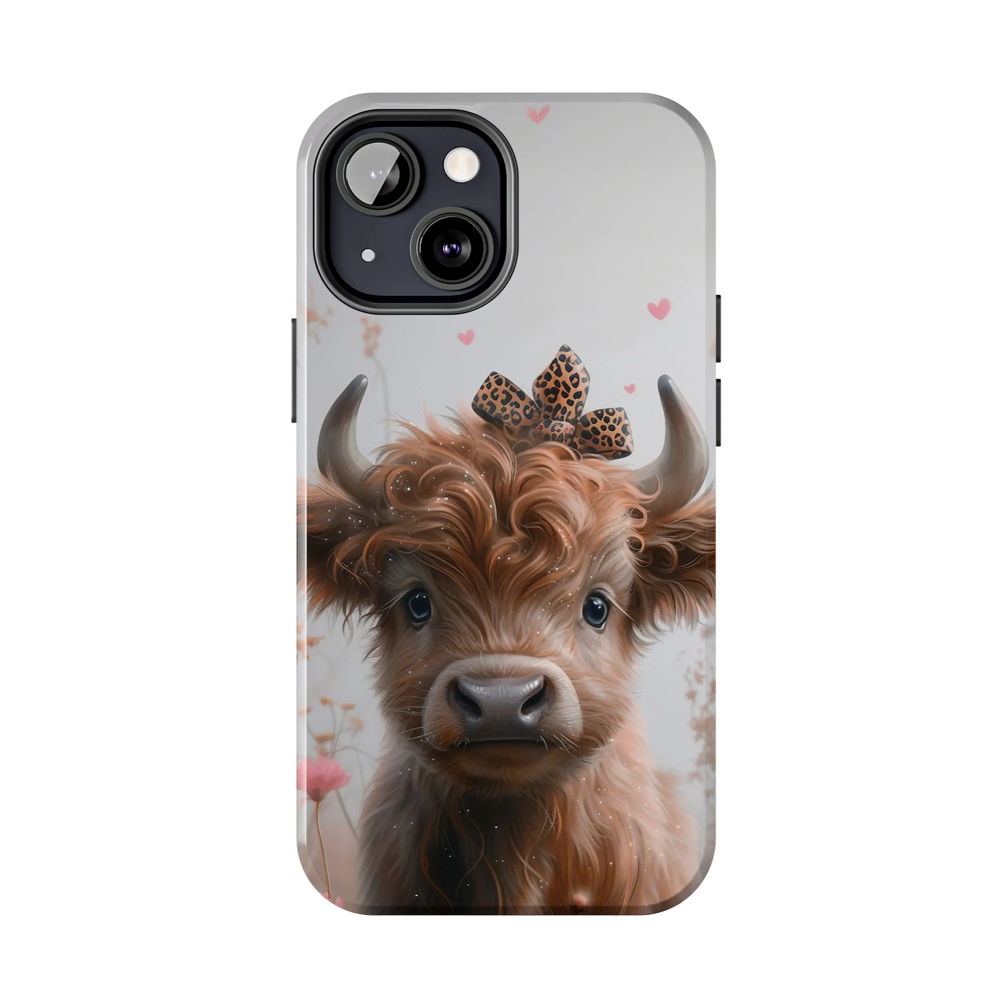 Highland Cow Leopard Print Bow and Spring Flowers Design Phone Case- Lightweight, Impact Resistant Cover for iPhone 6, 6s, 12, 13, 14, 15