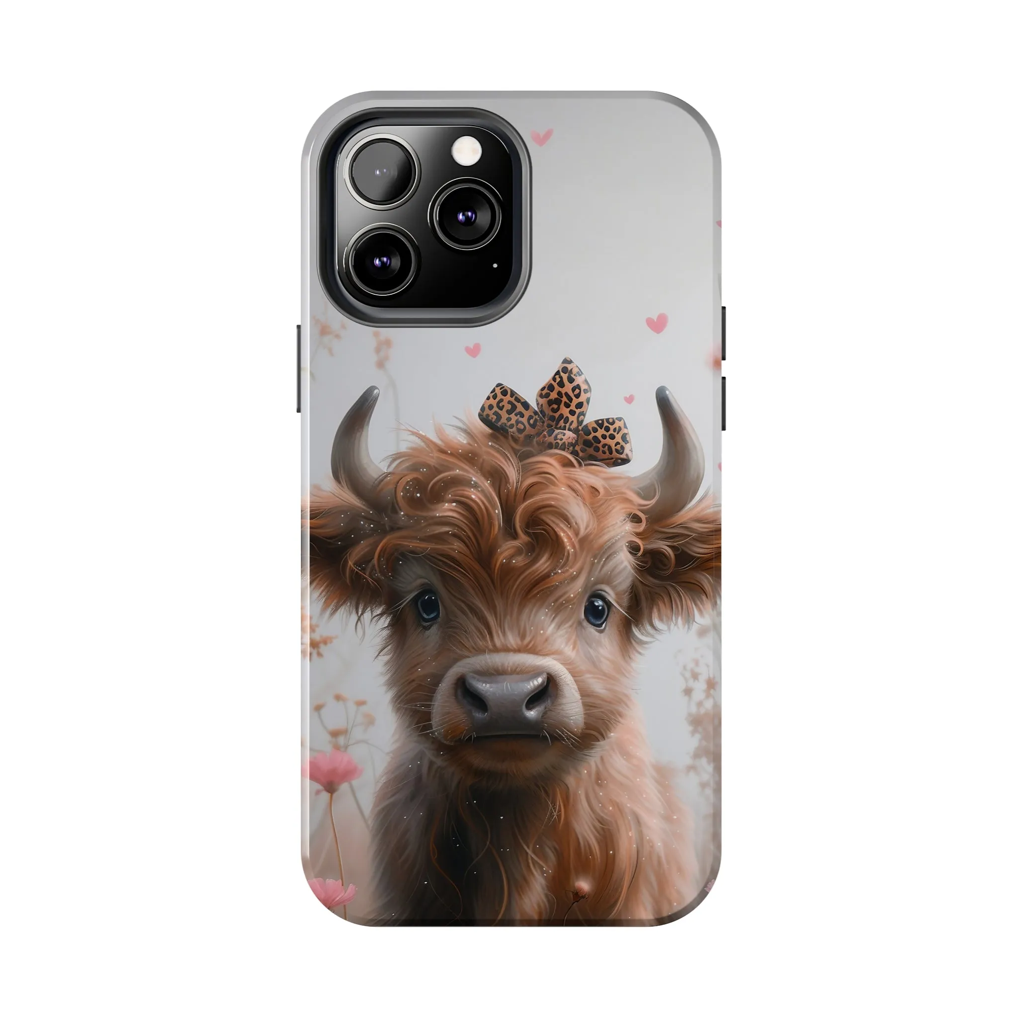 Highland Cow Leopard Print Bow and Spring Flowers Design Phone Case- Lightweight, Impact Resistant Cover for iPhone 6, 6s, 12, 13, 14, 15