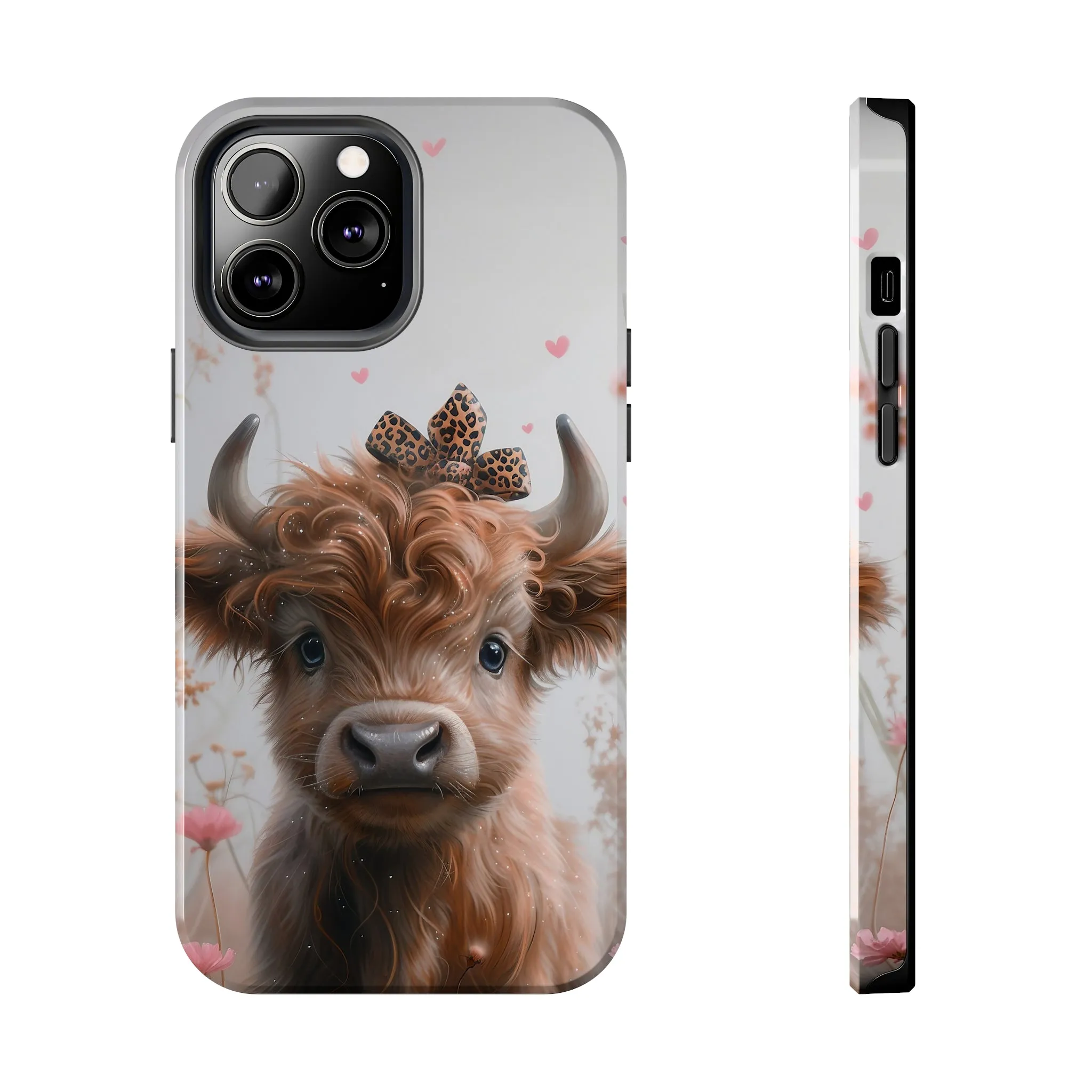 Highland Cow Leopard Print Bow and Spring Flowers Design Phone Case- Lightweight, Impact Resistant Cover for iPhone 6, 6s, 12, 13, 14, 15