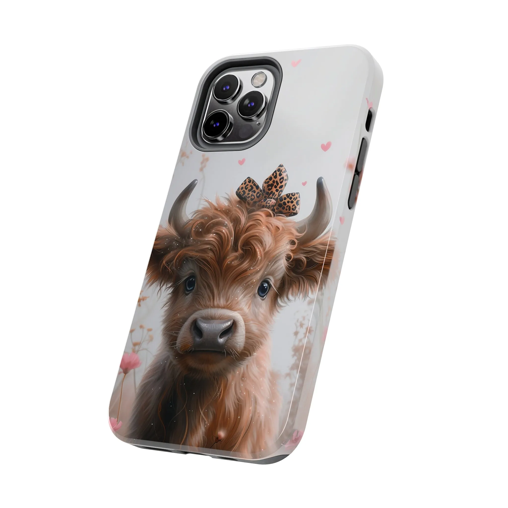 Highland Cow Leopard Print Bow and Spring Flowers Design Phone Case- Lightweight, Impact Resistant Cover for iPhone 6, 6s, 12, 13, 14, 15