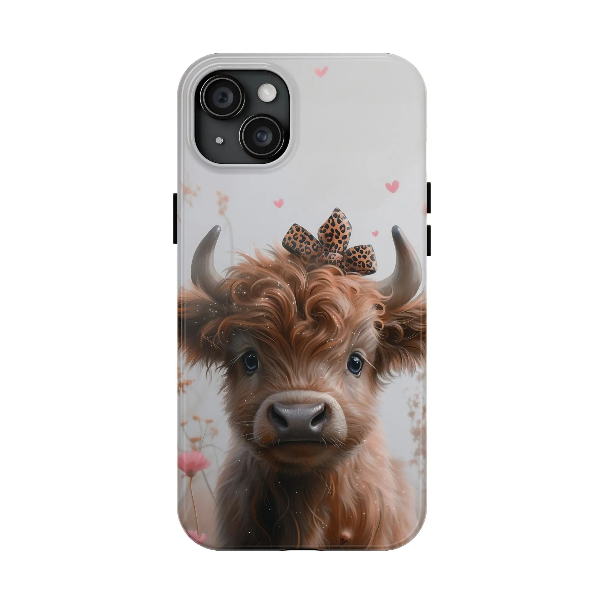 Highland Cow Leopard Print Bow and Spring Flowers Design Phone Case- Lightweight, Impact Resistant Cover for iPhone 6, 6s, 12, 13, 14, 15