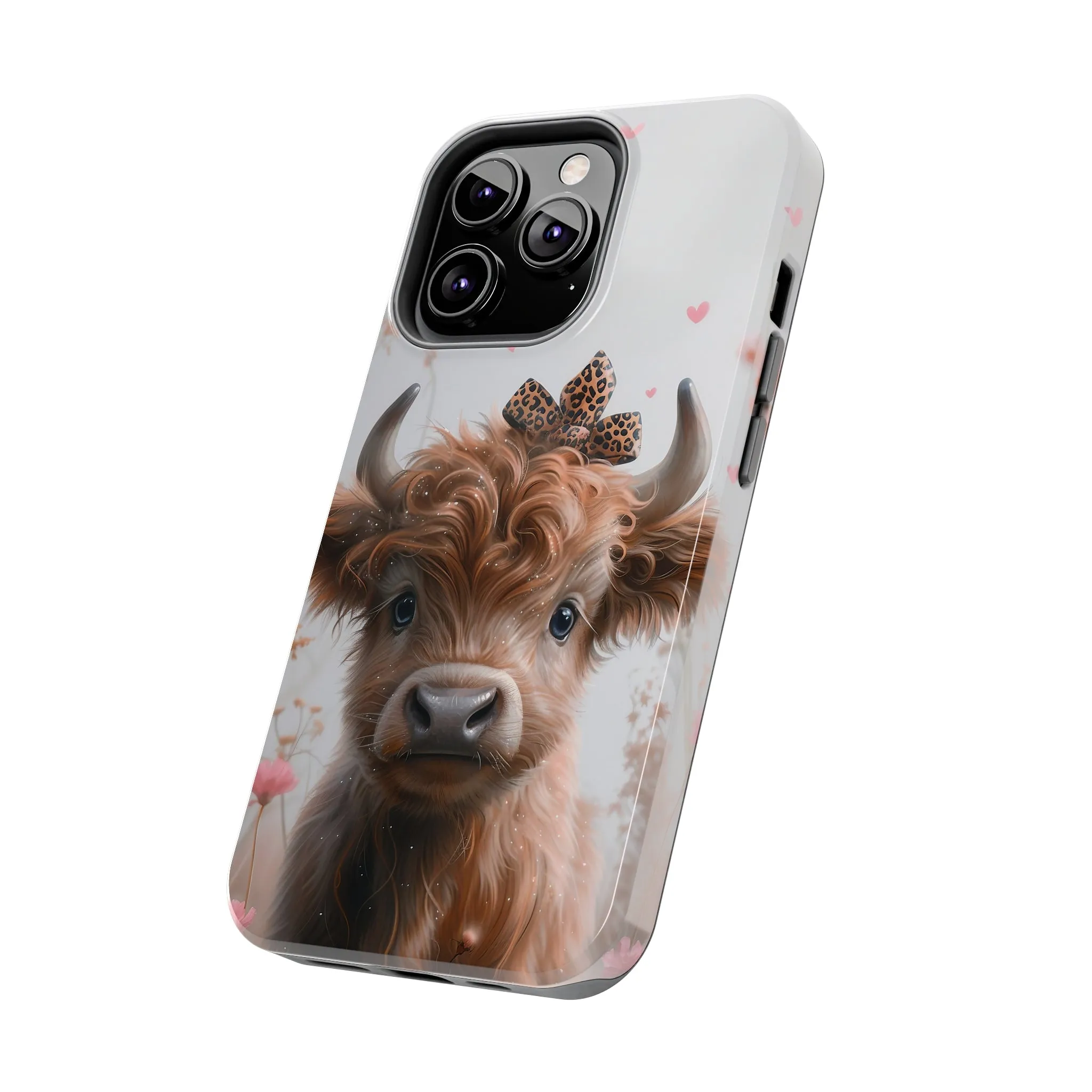 Highland Cow Leopard Print Bow and Spring Flowers Design Phone Case- Lightweight, Impact Resistant Cover for iPhone 6, 6s, 12, 13, 14, 15