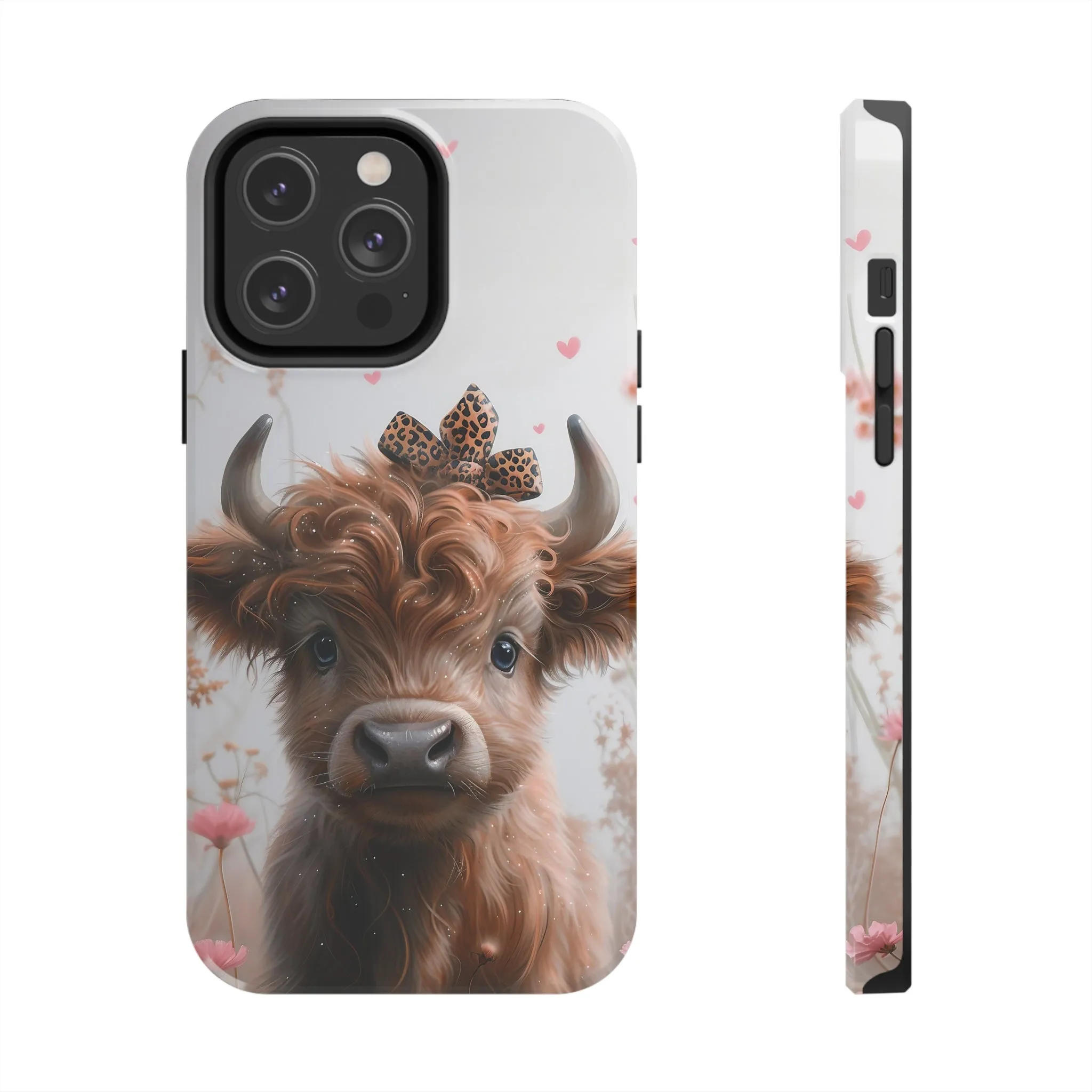 Highland Cow Leopard Print Bow and Spring Flowers Design Phone Case- Lightweight, Impact Resistant Cover for iPhone 6, 6s, 12, 13, 14, 15