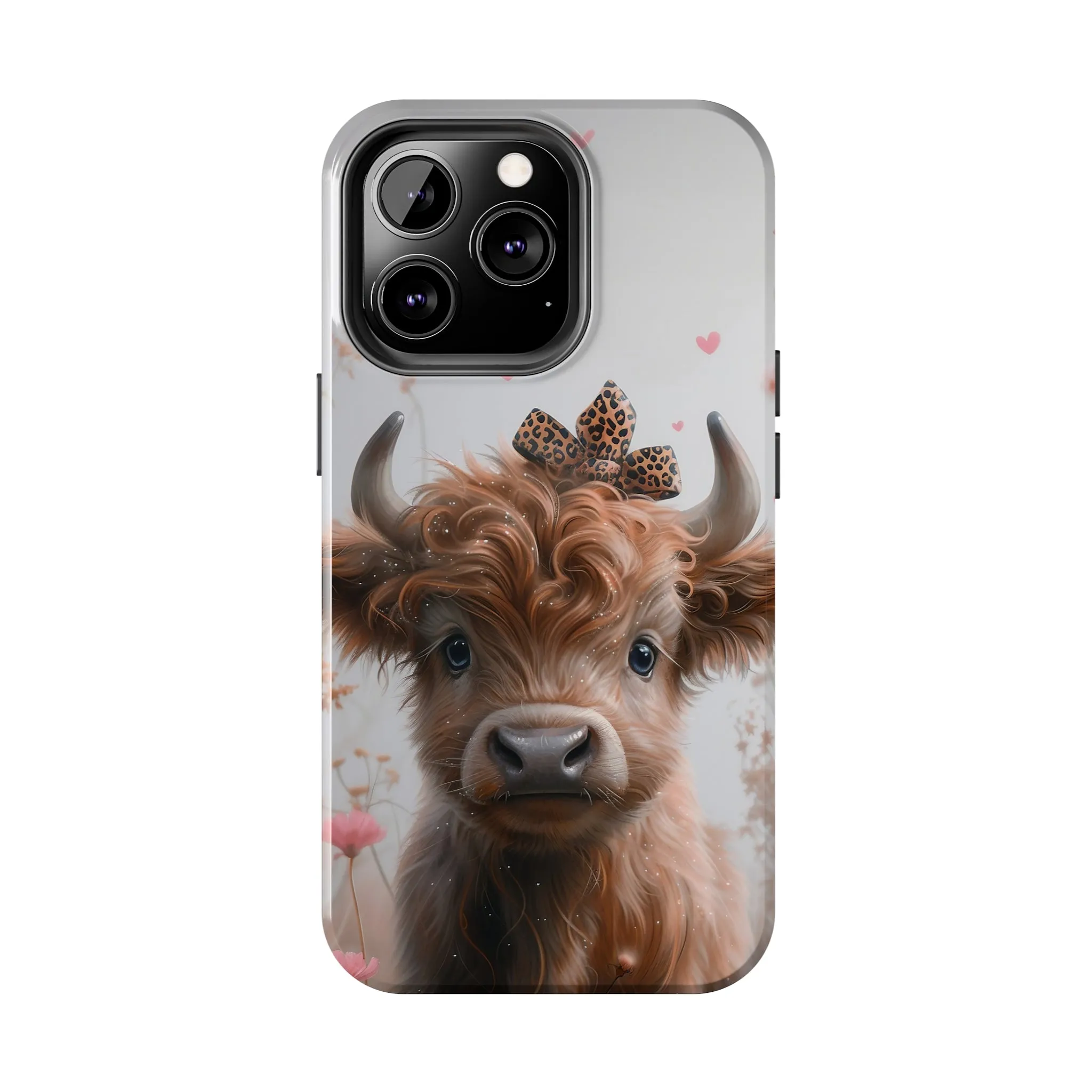 Highland Cow Leopard Print Bow and Spring Flowers Design Phone Case- Lightweight, Impact Resistant Cover for iPhone 6, 6s, 12, 13, 14, 15