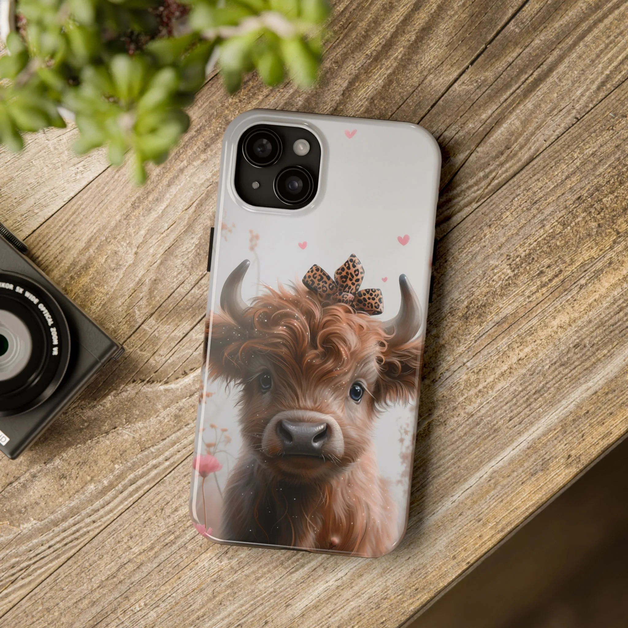 Highland Cow Leopard Print Bow and Spring Flowers Design Phone Case- Lightweight, Impact Resistant Cover for iPhone 6, 6s, 12, 13, 14, 15