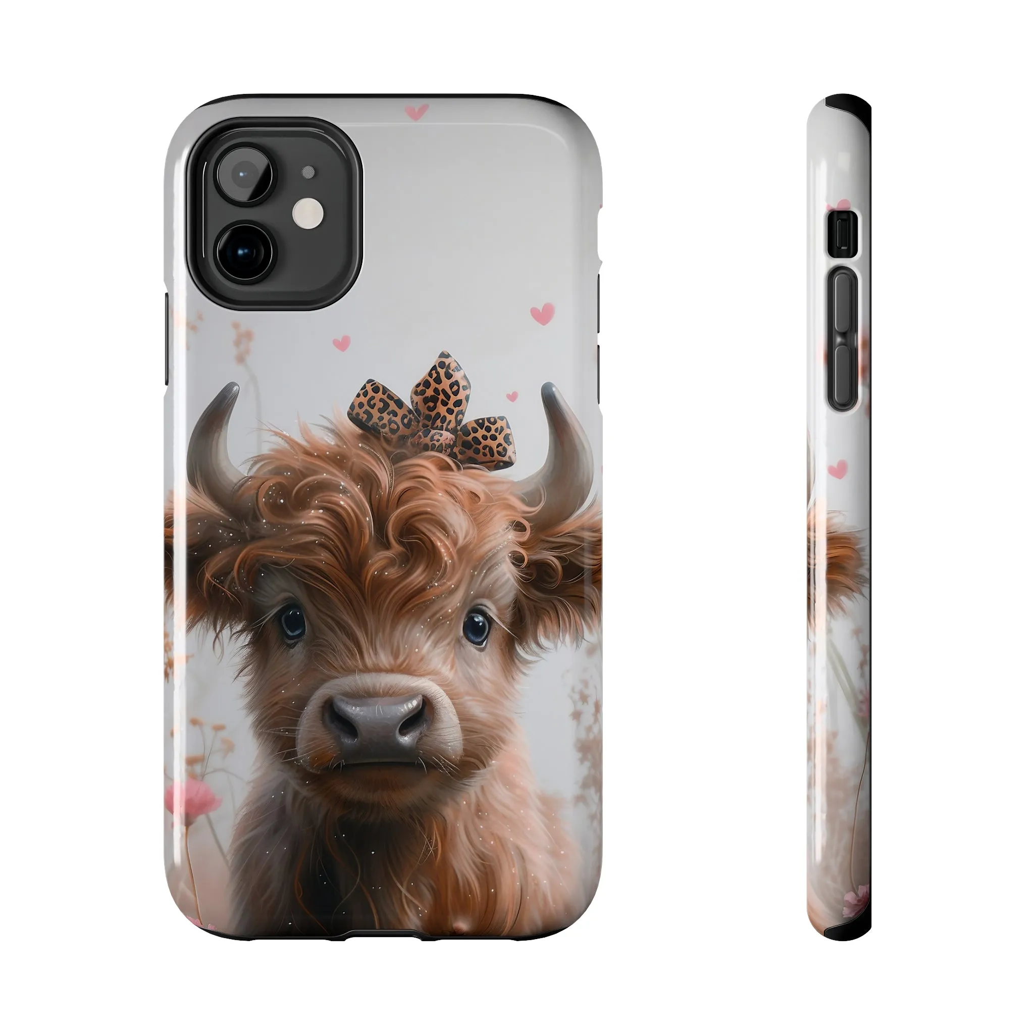 Highland Cow Leopard Print Bow and Spring Flowers Design Phone Case- Lightweight, Impact Resistant Cover for iPhone 6, 6s, 12, 13, 14, 15