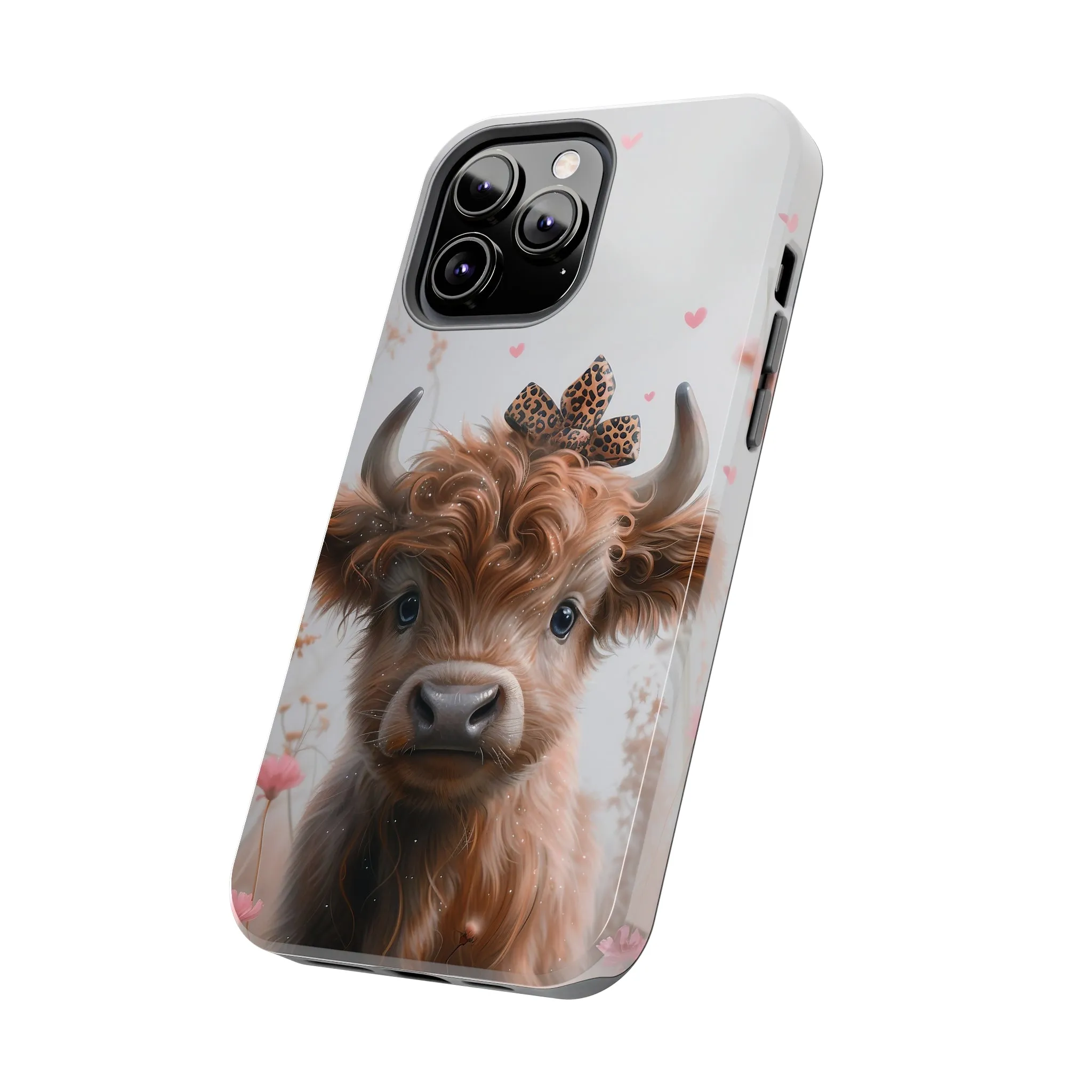 Highland Cow Leopard Print Bow and Spring Flowers Design Phone Case- Lightweight, Impact Resistant Cover for iPhone 6, 6s, 12, 13, 14, 15