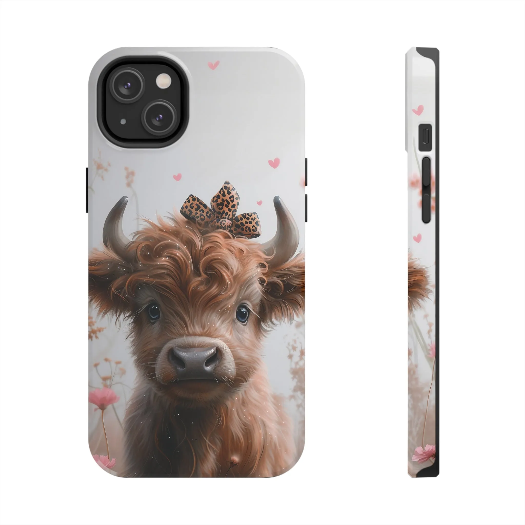 Highland Cow Leopard Print Bow and Spring Flowers Design Phone Case- Lightweight, Impact Resistant Cover for iPhone 6, 6s, 12, 13, 14, 15