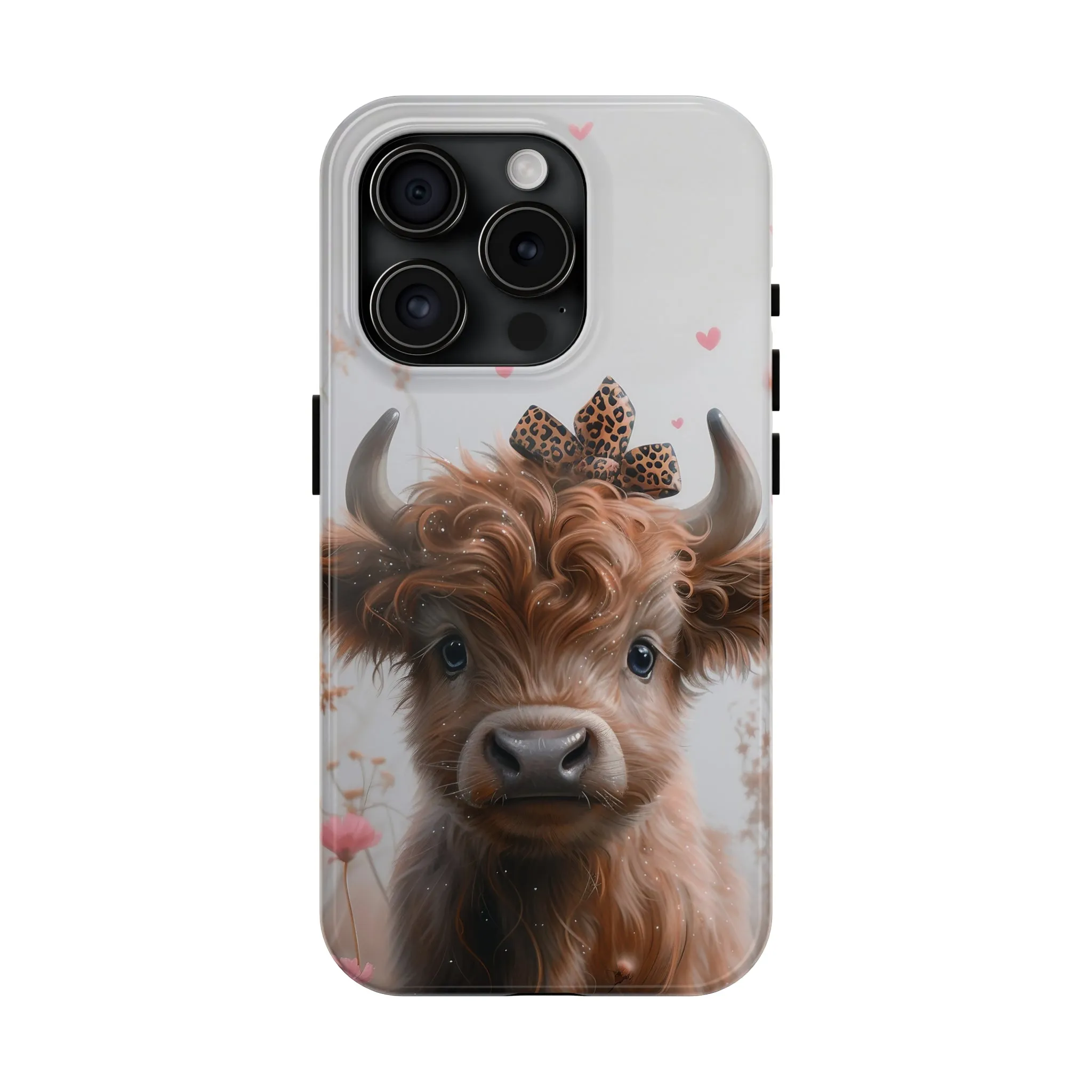 Highland Cow Leopard Print Bow and Spring Flowers Design Phone Case- Lightweight, Impact Resistant Cover for iPhone 6, 6s, 12, 13, 14, 15