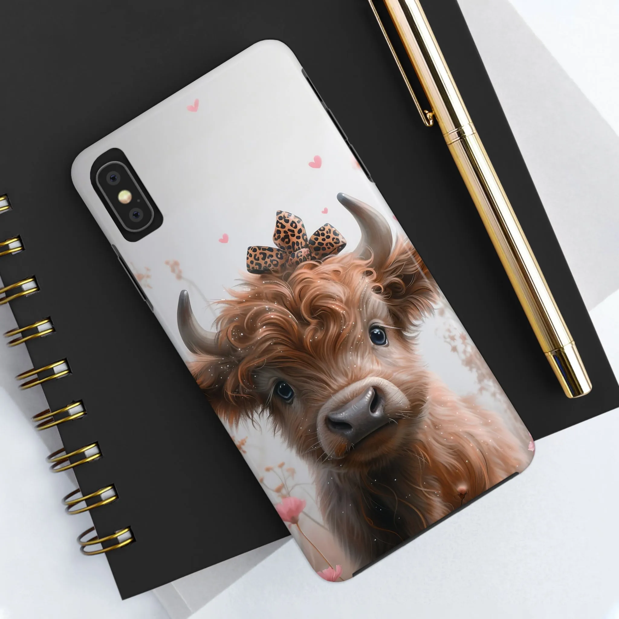 Highland Cow Leopard Print Bow and Spring Flowers Design Phone Case- Lightweight, Impact Resistant Cover for iPhone 6, 6s, 12, 13, 14, 15