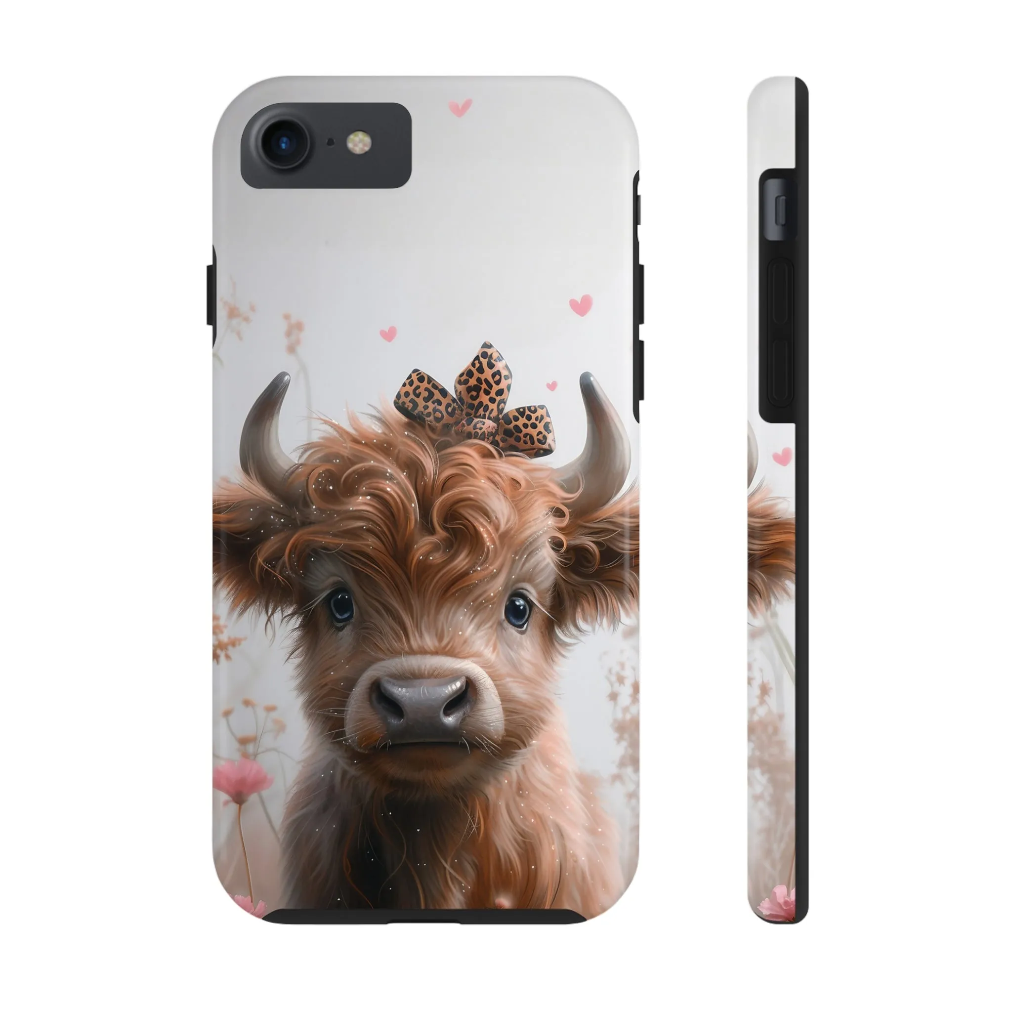 Highland Cow Leopard Print Bow and Spring Flowers Design Phone Case- Lightweight, Impact Resistant Cover for iPhone 6, 6s, 12, 13, 14, 15