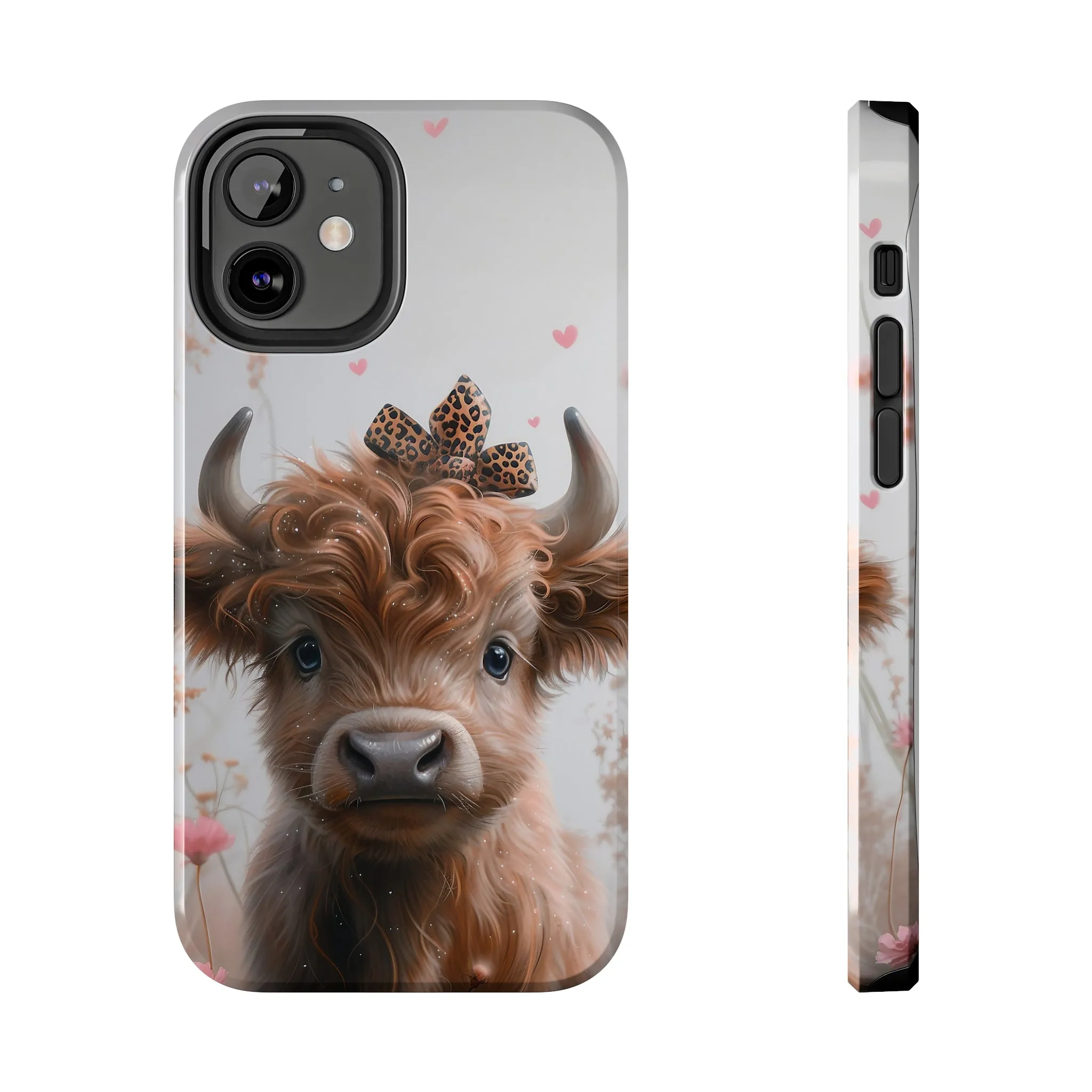 Highland Cow Leopard Print Bow and Spring Flowers Design Phone Case- Lightweight, Impact Resistant Cover for iPhone 6, 6s, 12, 13, 14, 15