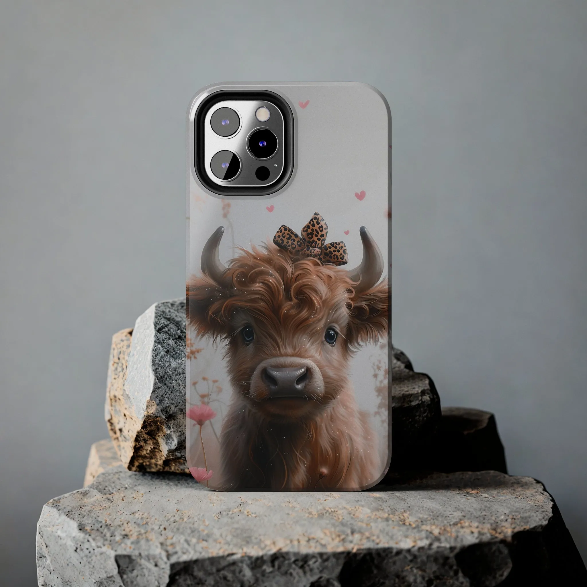 Highland Cow Leopard Print Bow and Spring Flowers Design Phone Case- Lightweight, Impact Resistant Cover for iPhone 6, 6s, 12, 13, 14, 15