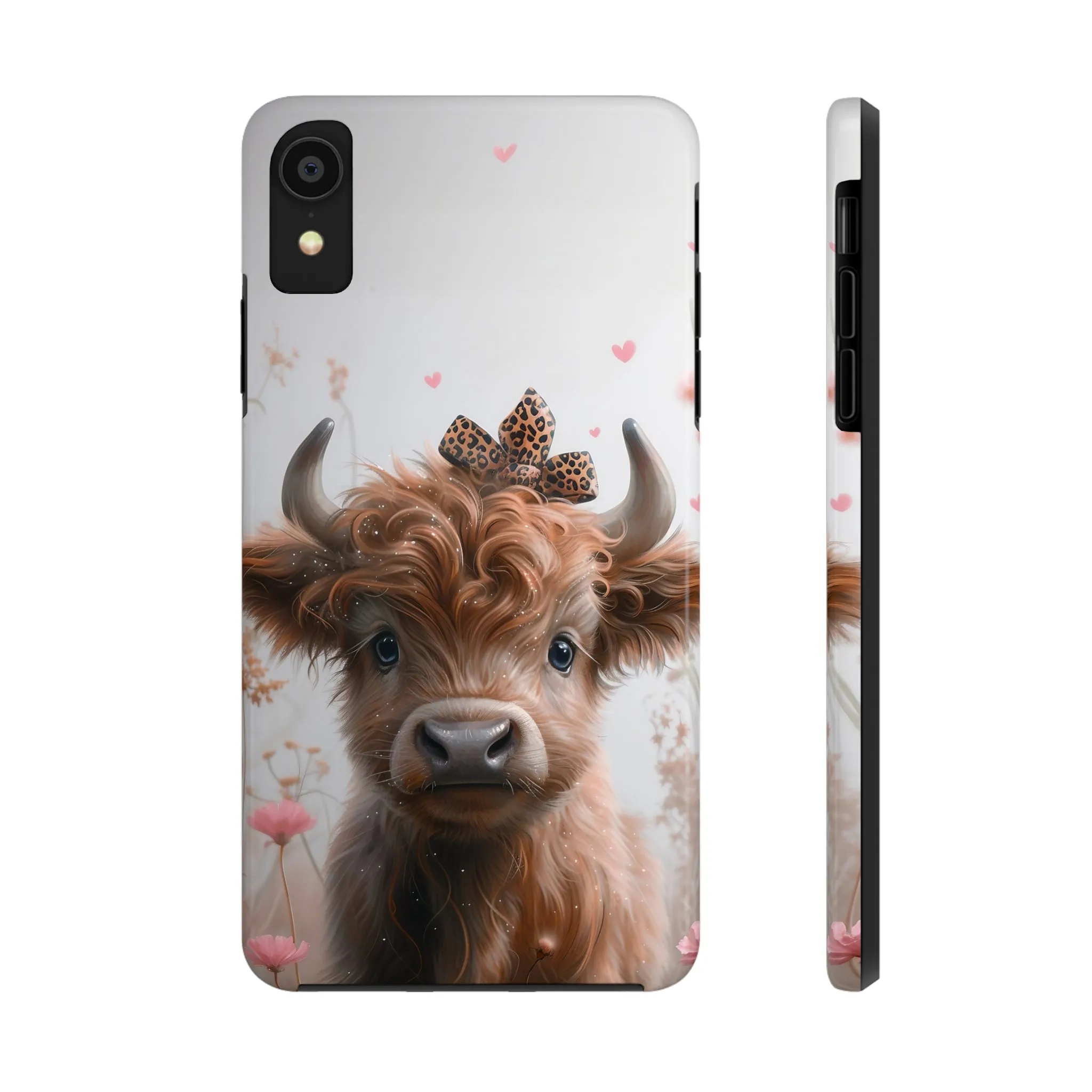 Highland Cow Leopard Print Bow and Spring Flowers Design Phone Case- Lightweight, Impact Resistant Cover for iPhone 6, 6s, 12, 13, 14, 15