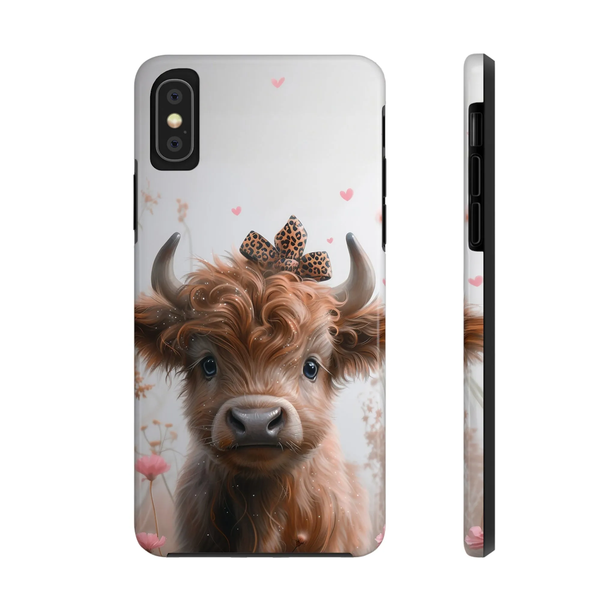 Highland Cow Leopard Print Bow and Spring Flowers Design Phone Case- Lightweight, Impact Resistant Cover for iPhone 6, 6s, 12, 13, 14, 15