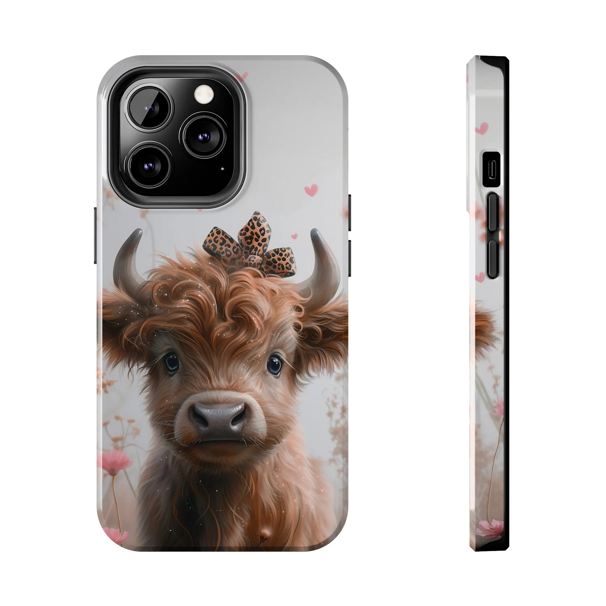 Highland Cow Leopard Print Bow and Spring Flowers Design Phone Case- Lightweight, Impact Resistant Cover for iPhone 6, 6s, 12, 13, 14, 15