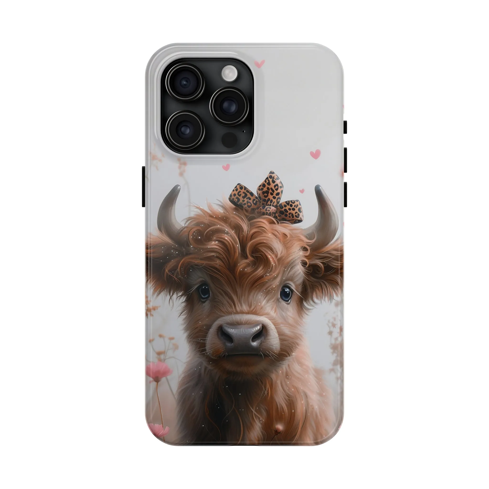 Highland Cow Leopard Print Bow and Spring Flowers Design Phone Case- Lightweight, Impact Resistant Cover for iPhone 6, 6s, 12, 13, 14, 15