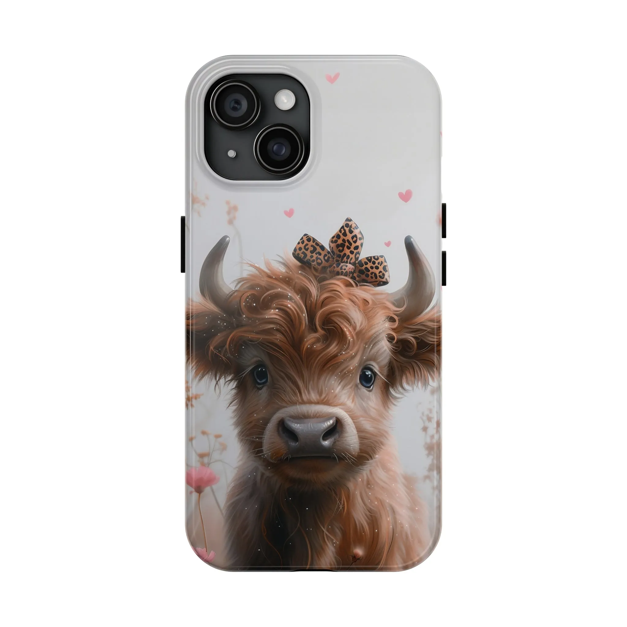 Highland Cow Leopard Print Bow and Spring Flowers Design Phone Case- Lightweight, Impact Resistant Cover for iPhone 6, 6s, 12, 13, 14, 15