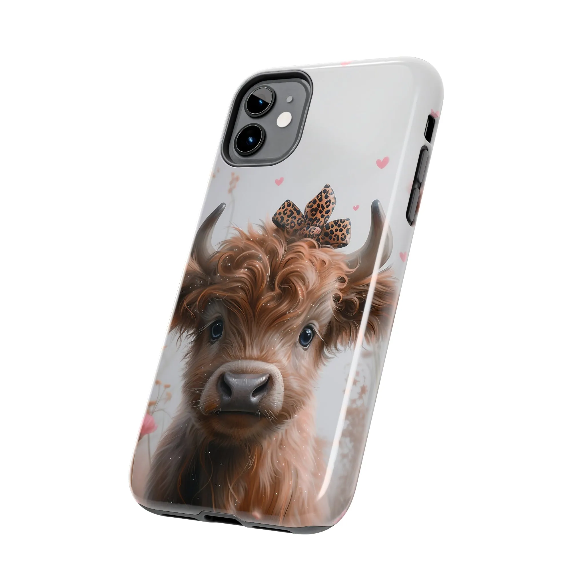 Highland Cow Leopard Print Bow and Spring Flowers Design Phone Case- Lightweight, Impact Resistant Cover for iPhone 6, 6s, 12, 13, 14, 15