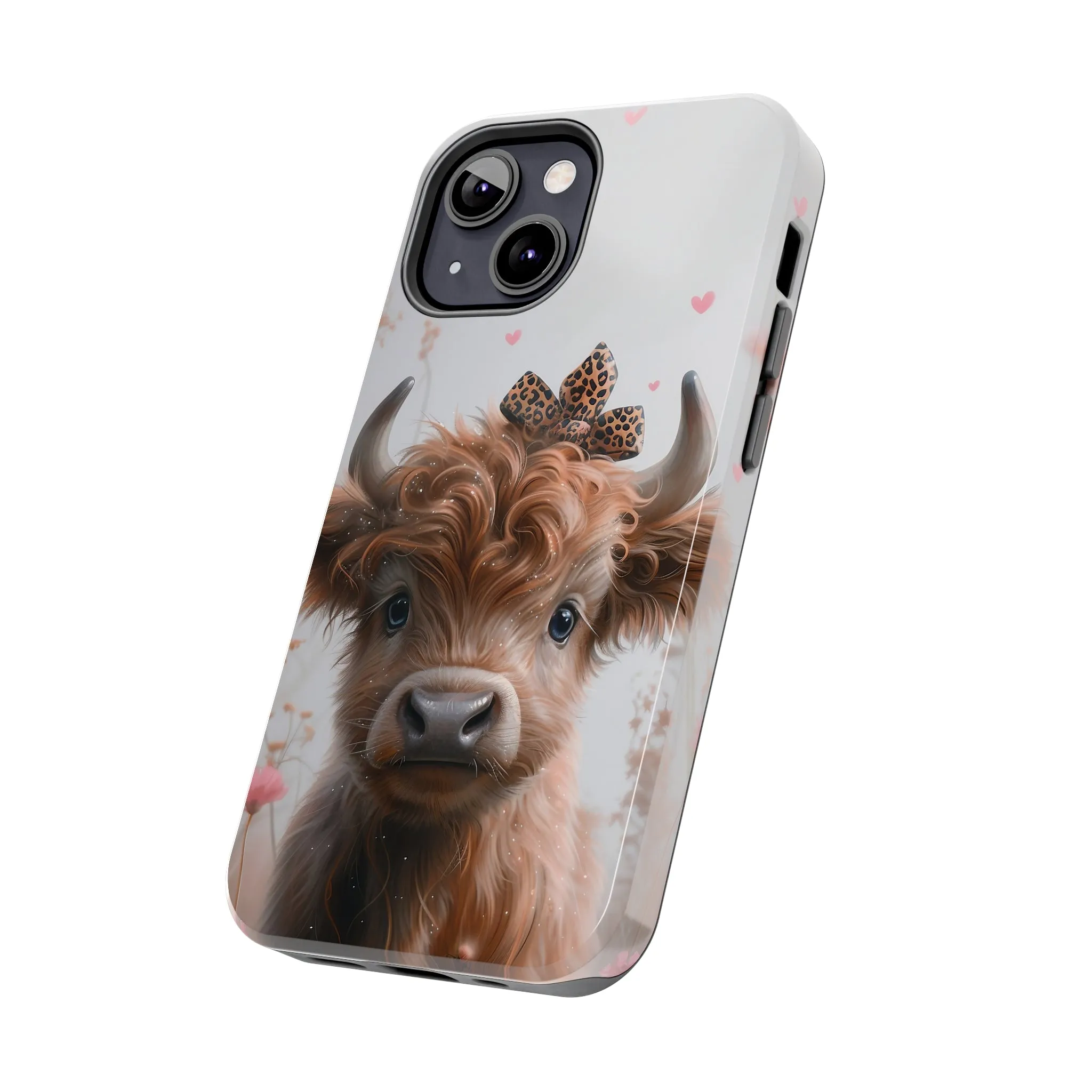 Highland Cow Leopard Print Bow and Spring Flowers Design Phone Case- Lightweight, Impact Resistant Cover for iPhone 6, 6s, 12, 13, 14, 15