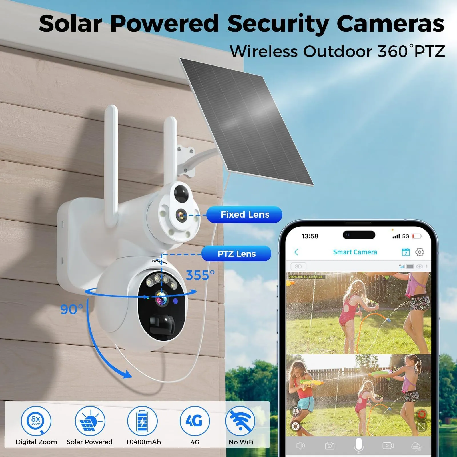 Hiseeu No WiFi Security Cameras Wireless Outdoor, Solar Powered Dual Lens 4G Cellular Security Camera, 360°PTZ, 2K Color Night Vision, PIR Motion, Two-Way Talk, 300MB SIM Card