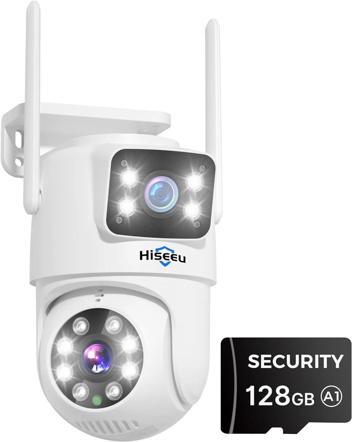 Hiseeu Wireless Security Camera Dual Lens PTZ Camera Outdoor with 128GB SD Card, 2K WiFi-Pro 5G/ 2.4Ghz Surveillance Cameras, Color Night Version, Plug-in Cable, Works with Wireless Camera System