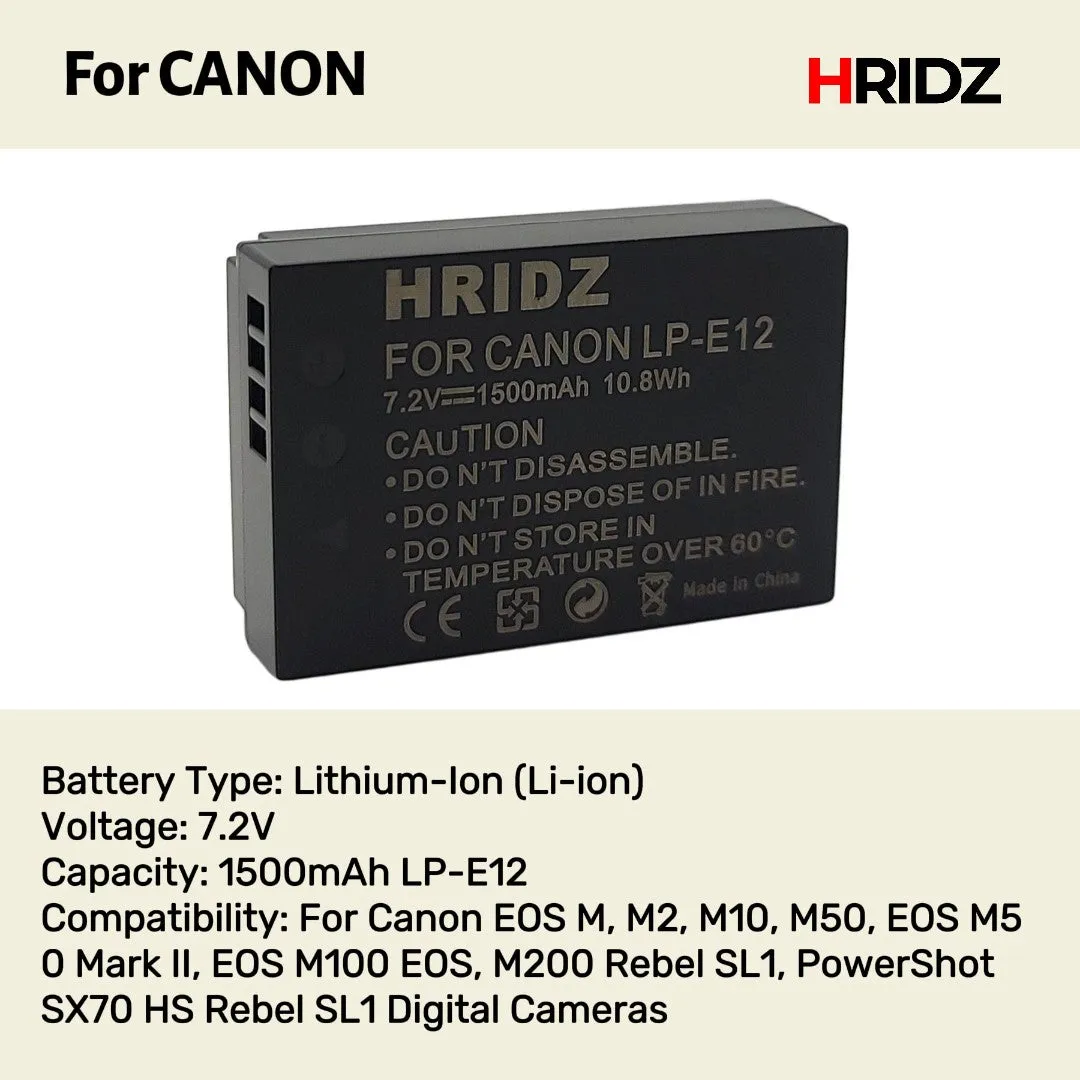 Hridz 2-Pack LP-E12 Battery Combo Pack for Canon EOS M M2 M10 M50 M100 M200 SL1 SX70 HS