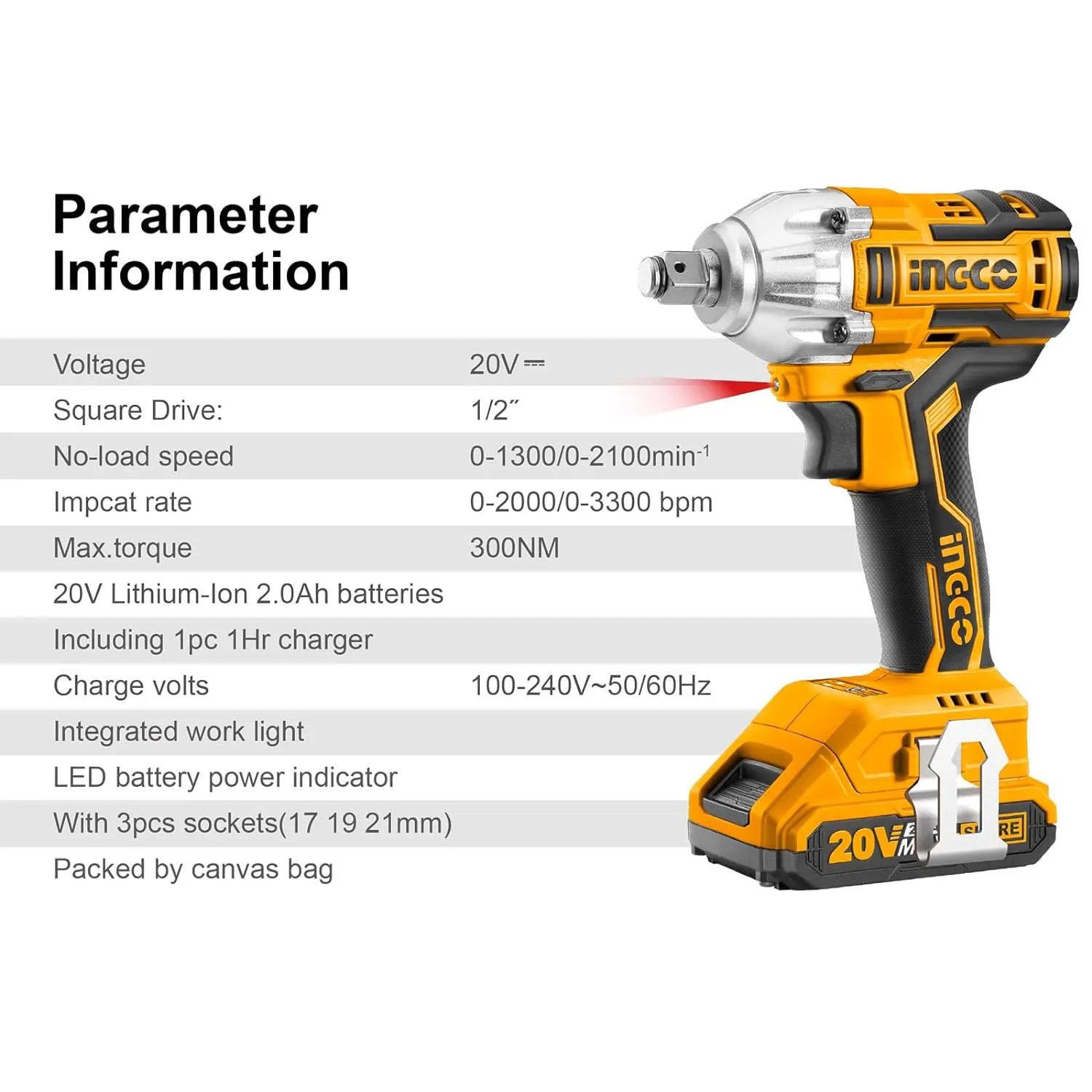 Ingco Brushless Impact Driver 20V Li-Ion Cordless Impact Driver With 2Pcs 2.0Ah Batteries, 1 Pcs Charger, 1/4 Inch, 170Nm, Multicolor  CIWLI2001